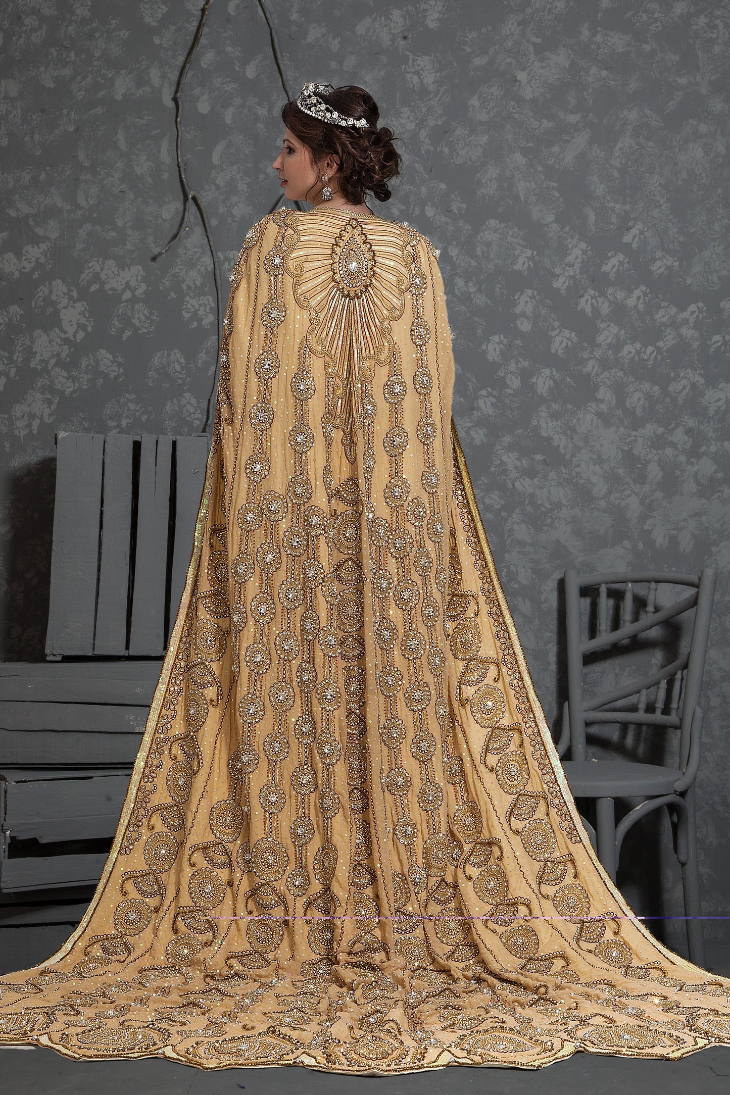 Beige Color Wedding Designer Moroccan Kaftan With Vail