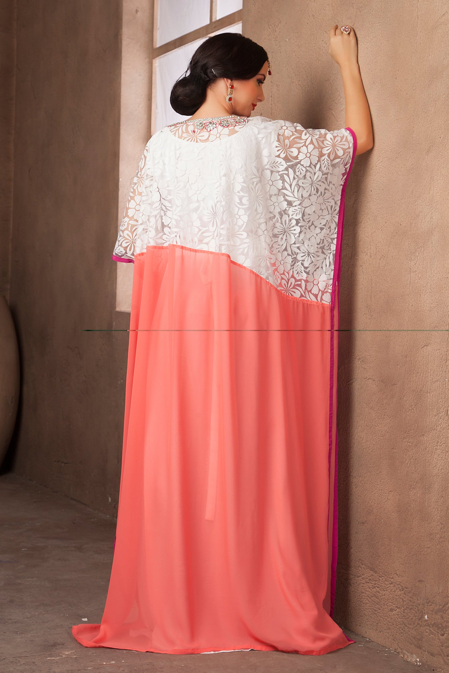 White and Peach Color Saudi Arabic Style Kaftan