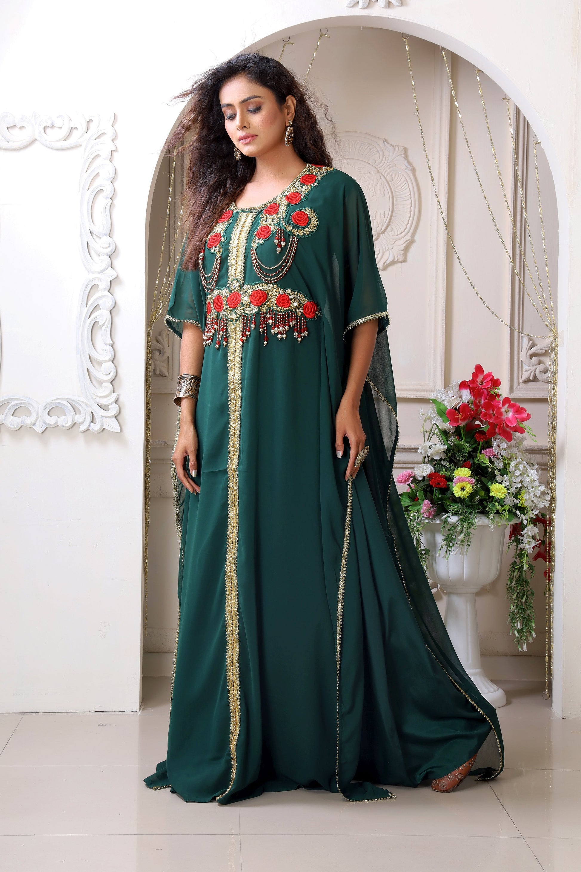 Dark Green Georgette Takchita kaftan