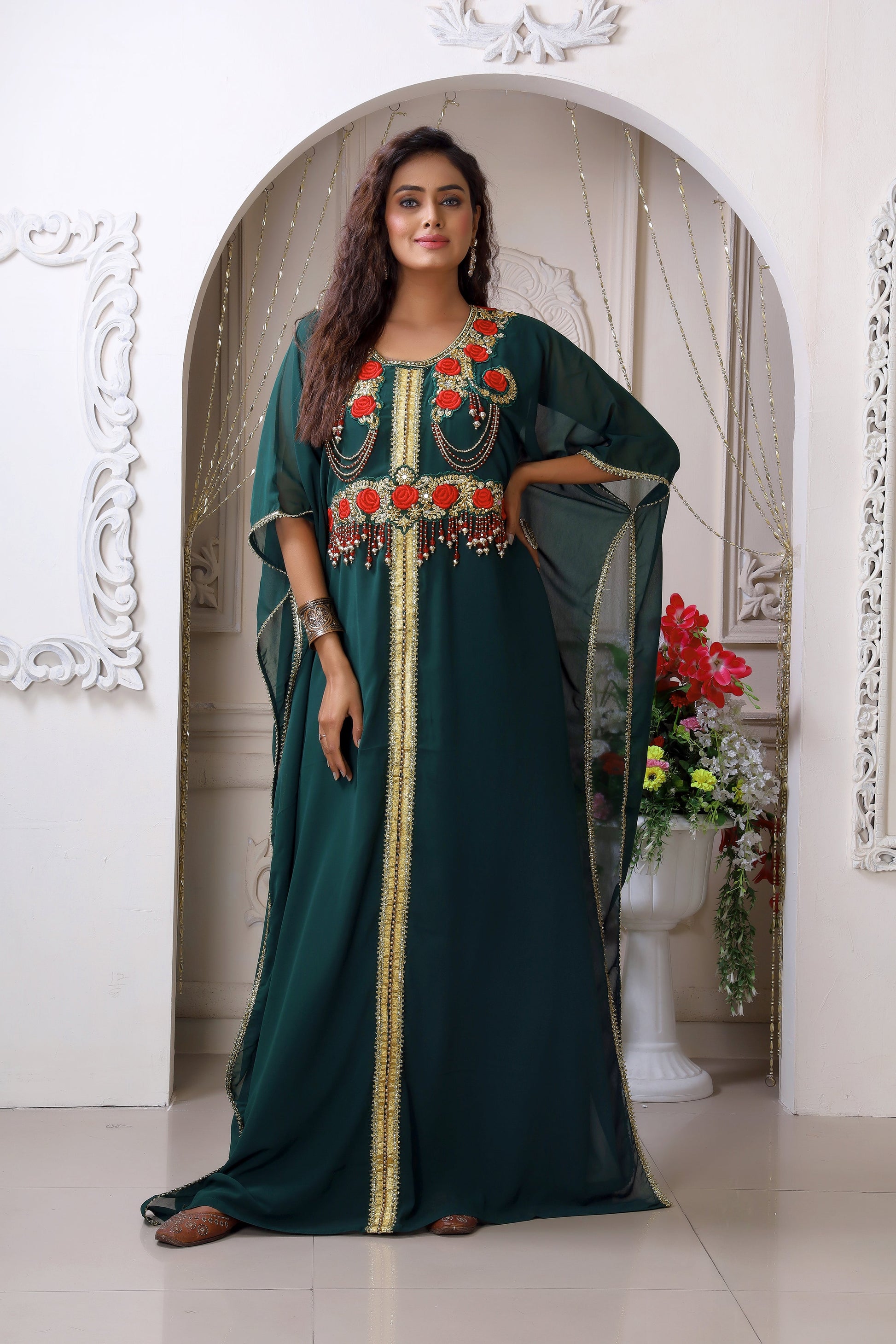 Dark Green Georgette Stones Embroidery Kaftan