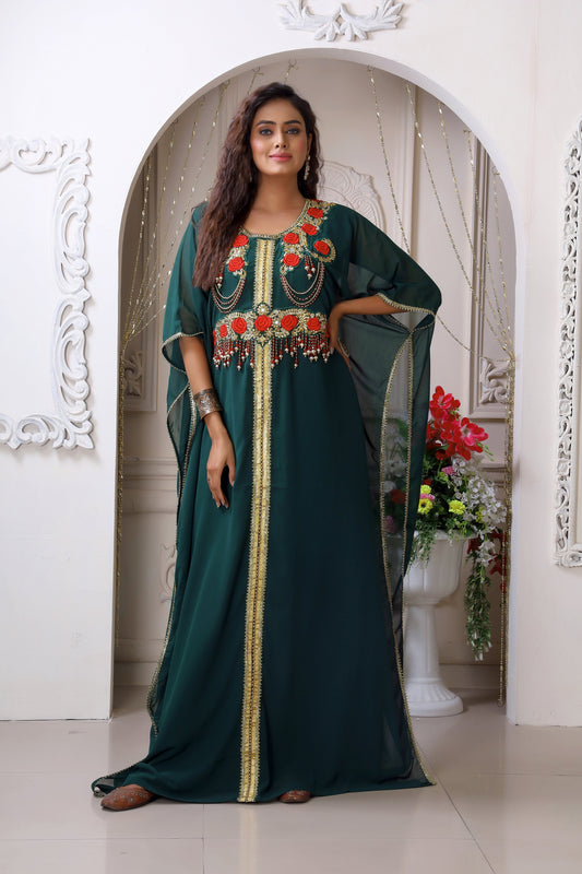 Dark Green Georgette Stones Embroidery Kaftan