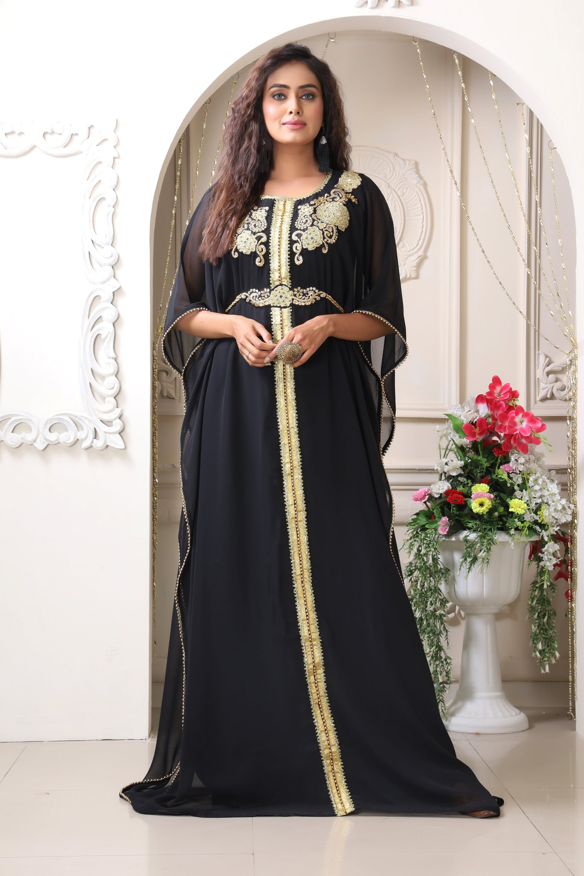 black kaftan party dress kaftan dress party wear Women's Georgette Black Party Wear Kaftan Dress Plum and Peaches