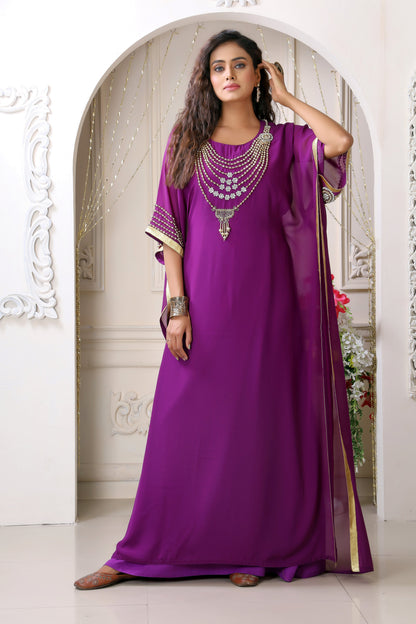 Purple Hand Work Unique Style Kaftan
