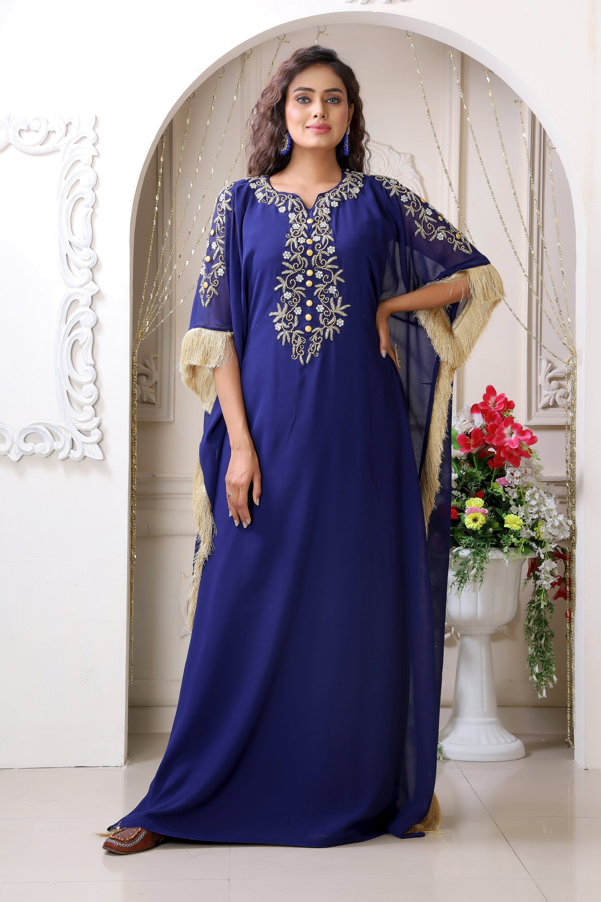 Dark Blue Embroidered Partywear Kaftan