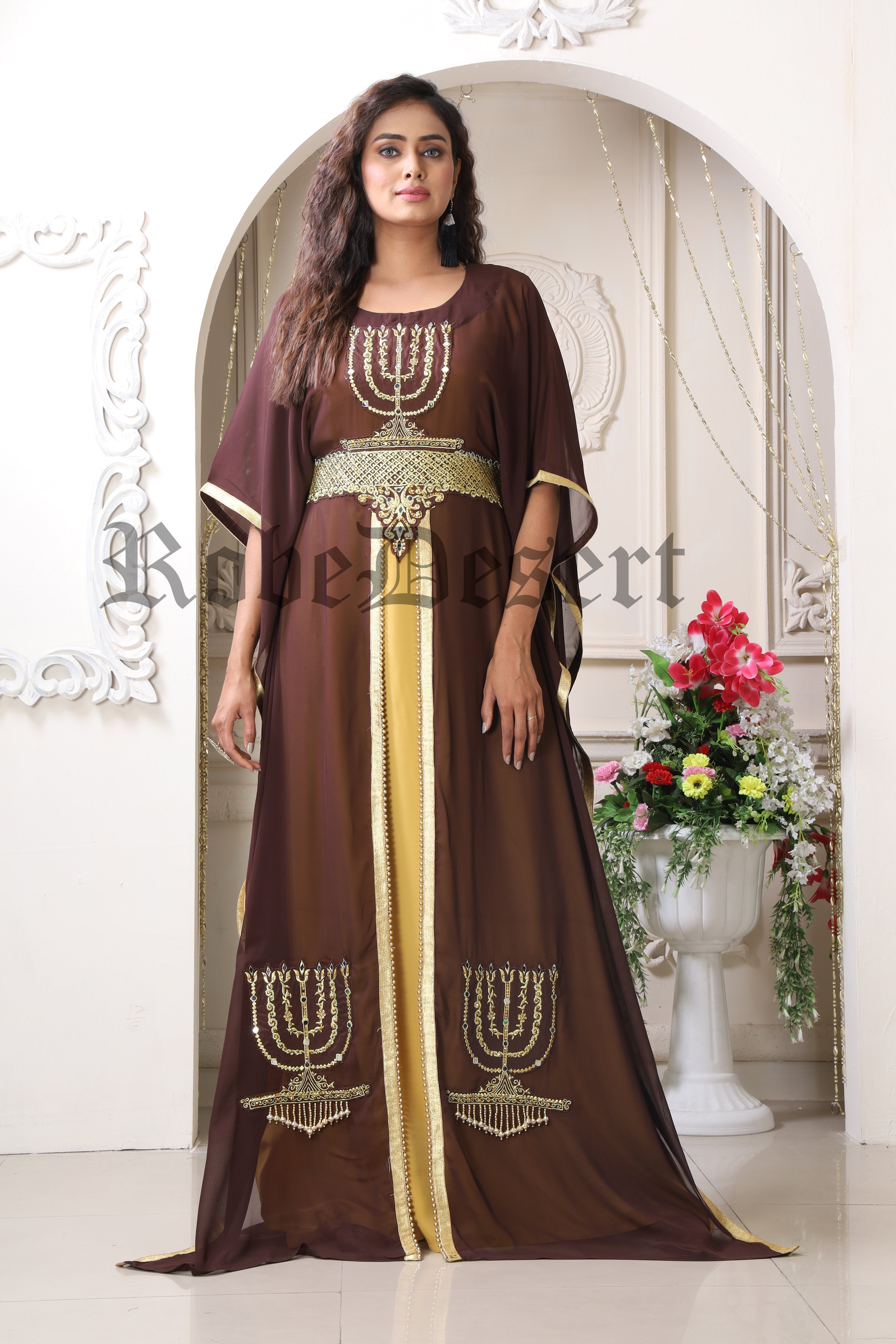 SALE!! Brown and Gold Embroidery Israeli Dress/ Menorah Israeli design ...