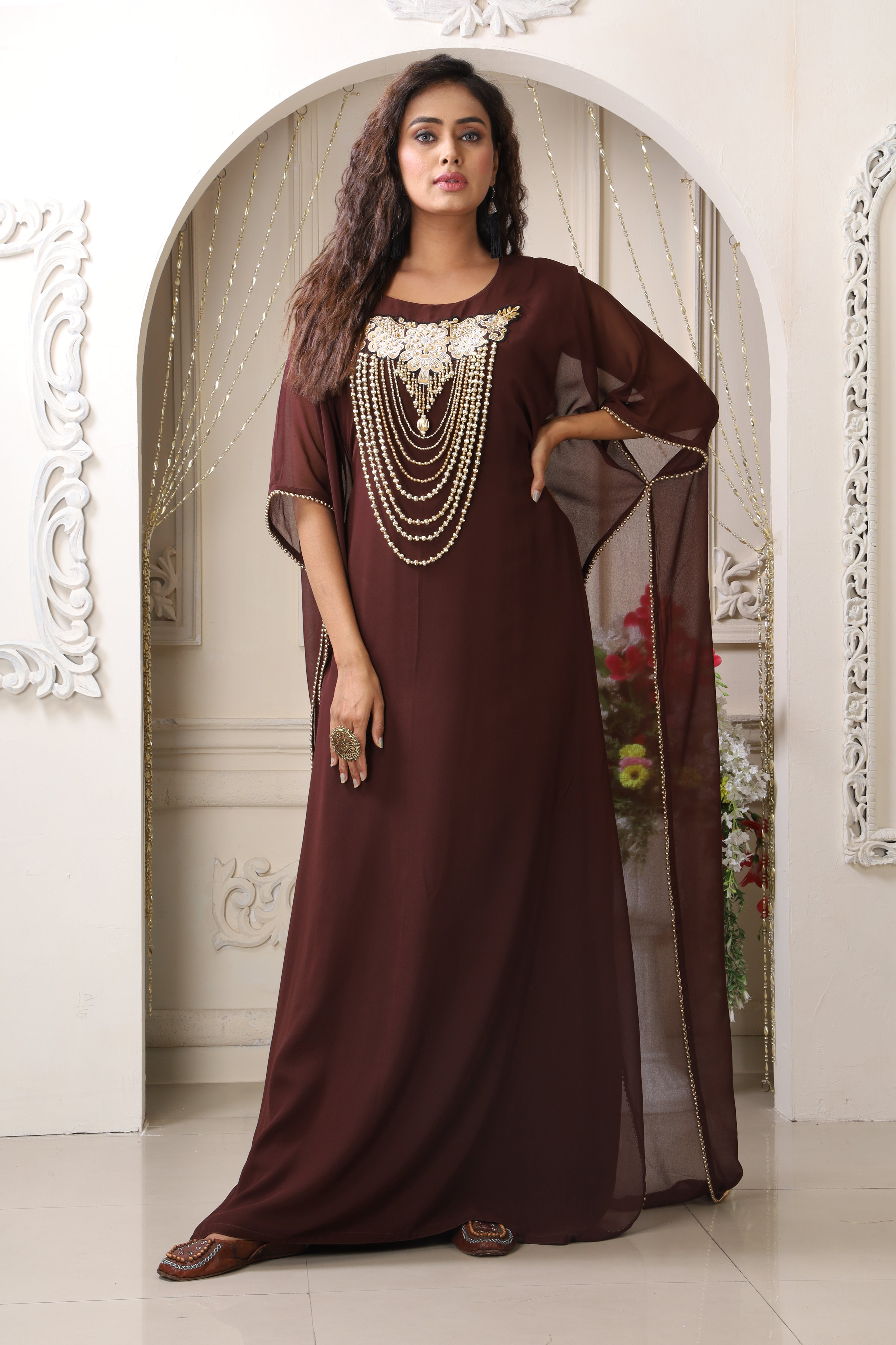 Brown Designer Embroidery Israeli Dress Islamic Takchita Wedding Gown ...