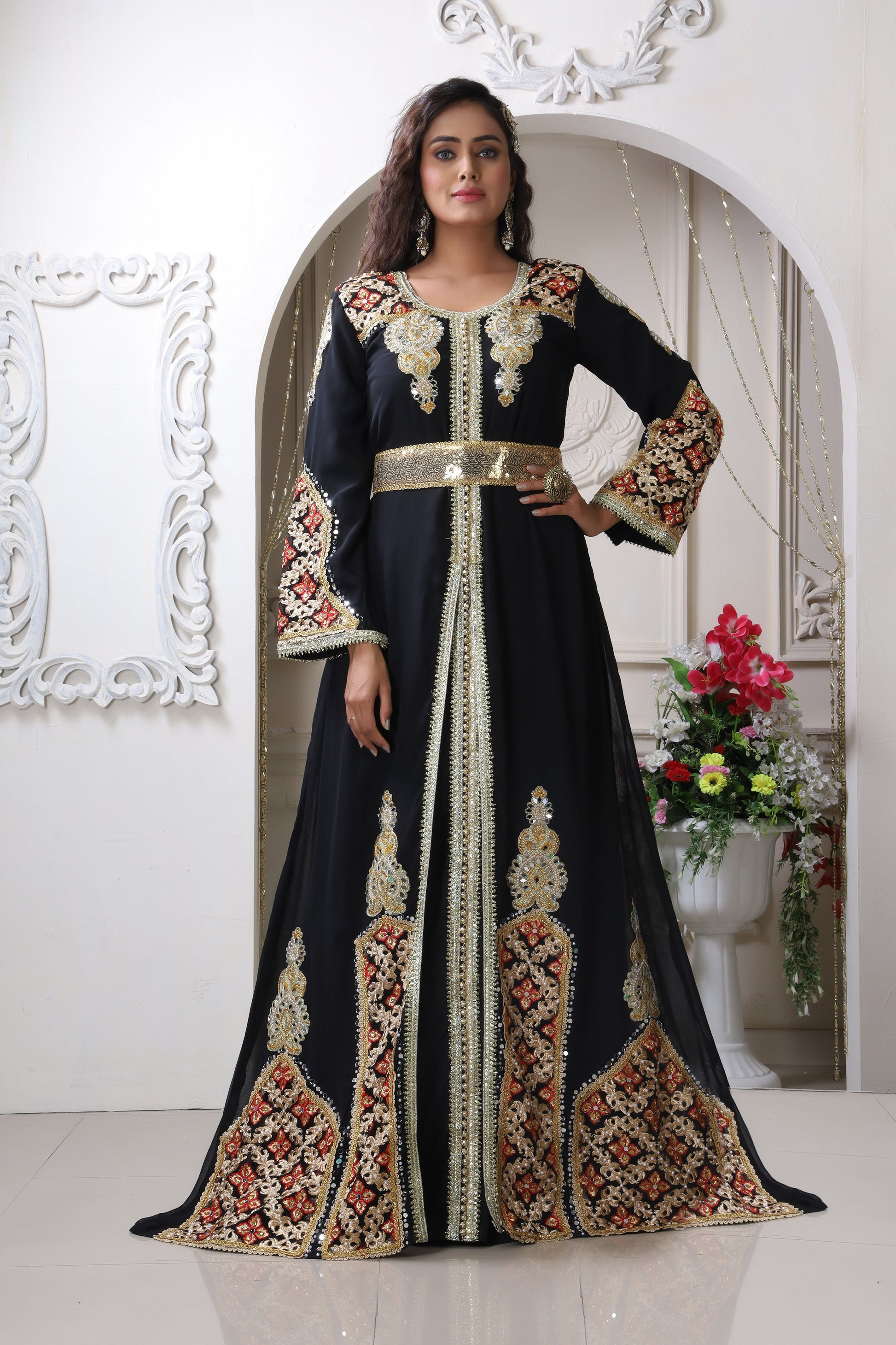 Black and Gold Color Designer Embroidery Moroccan Dress Islamic Takchita Wedding Gown Israeli Caftan Party Wear Maxi Kaftan With Plain Hijab Black and Gold Color Designer Embroidery Moroccan Dress Islamic Takchita Wedding Gown Israeli Caftan Party Wear Maxi Kaftan With Plain Hijab