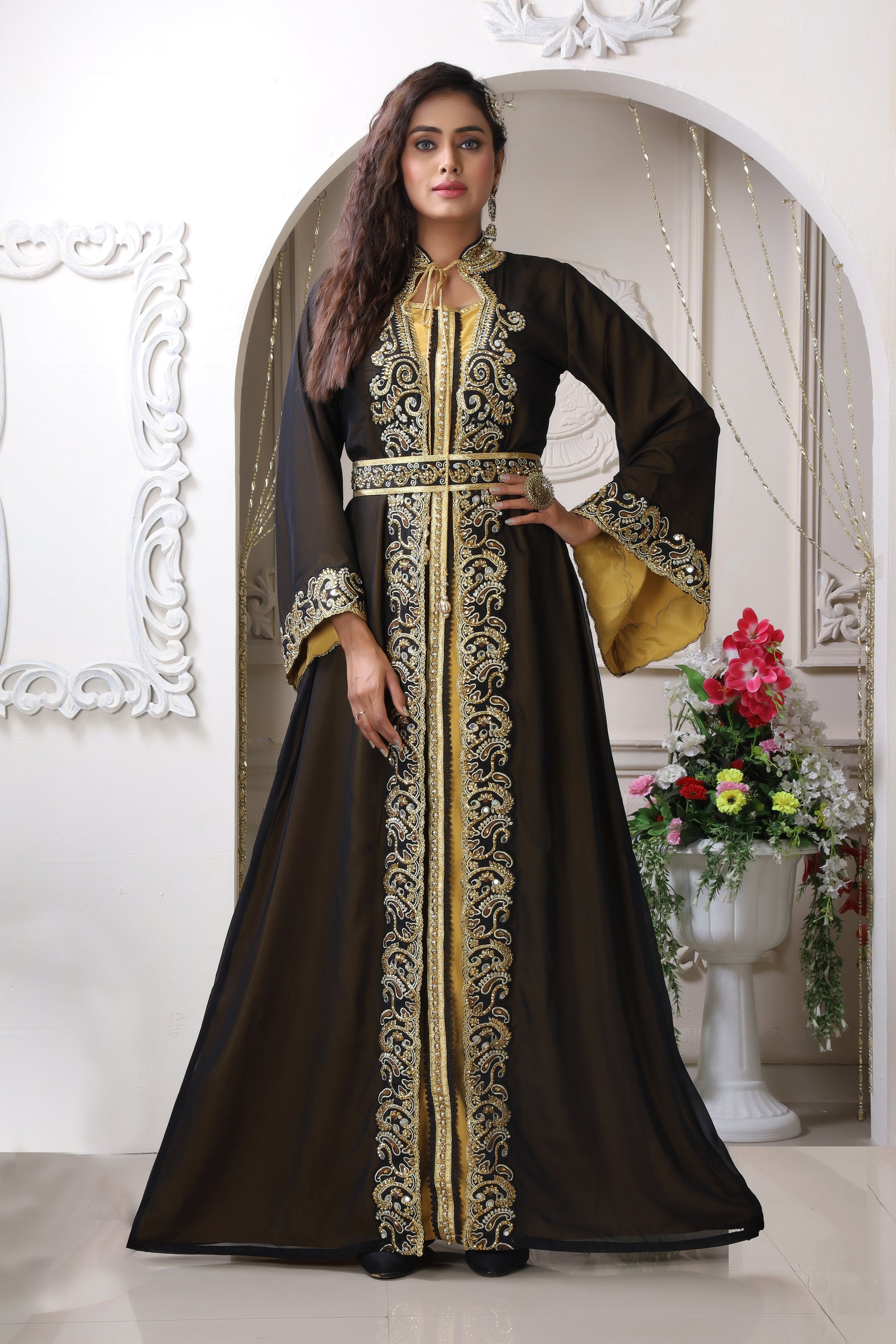 Black and Gold Color Designer Embroidery Moroccan Dress Islamic Takchita Wedding Gown Israeli Caftan Party Wear Maxi Kaftan With Plain Hijab RobeDesert Black and Gold Color Designer Embroidery Moroccan Dress Islamic Takchita Wedding Gown Israeli Caftan Party Wear Maxi Kaftan With Plain Hijab RobeDesert