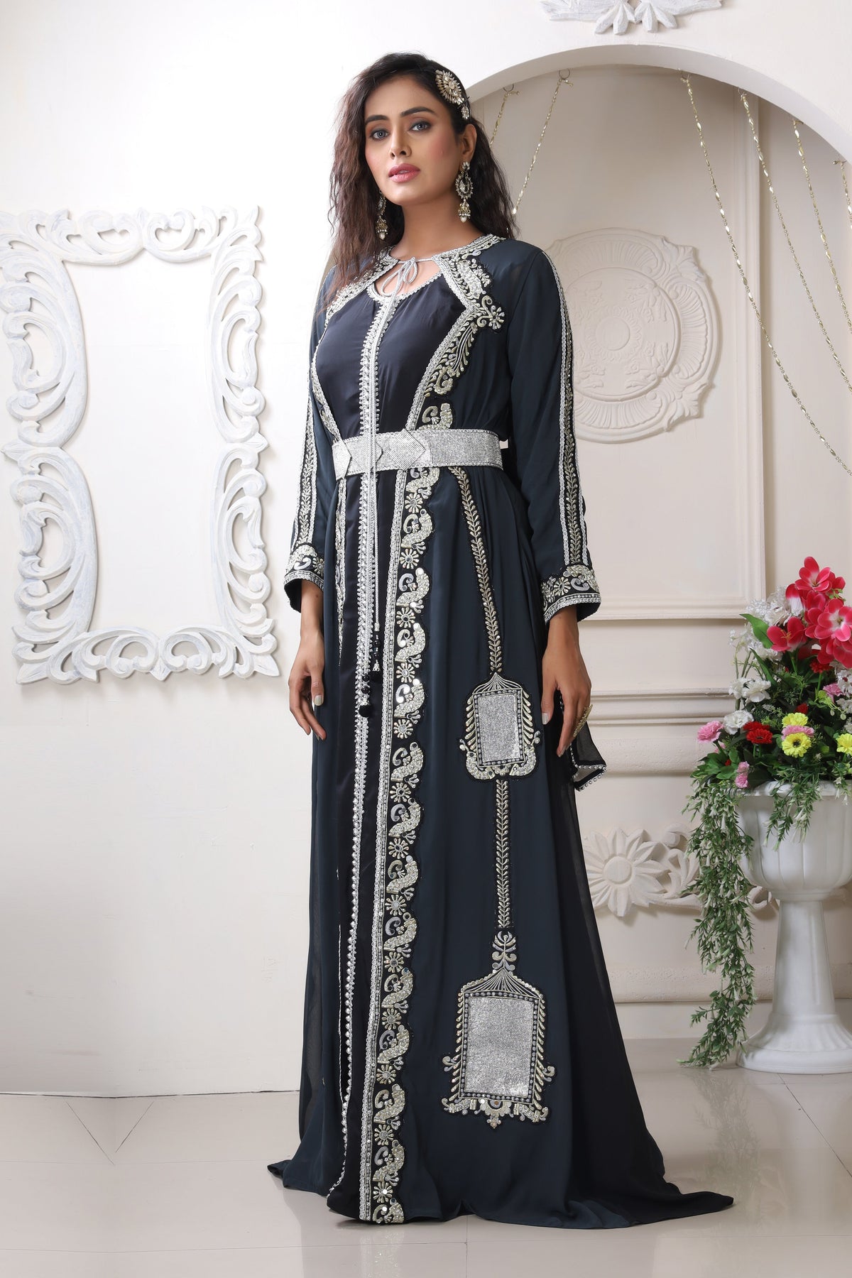 Israeli Bath Robe Dark Grey and Black Designer Embroidery Moroccan Dress Islamic Takchita ...