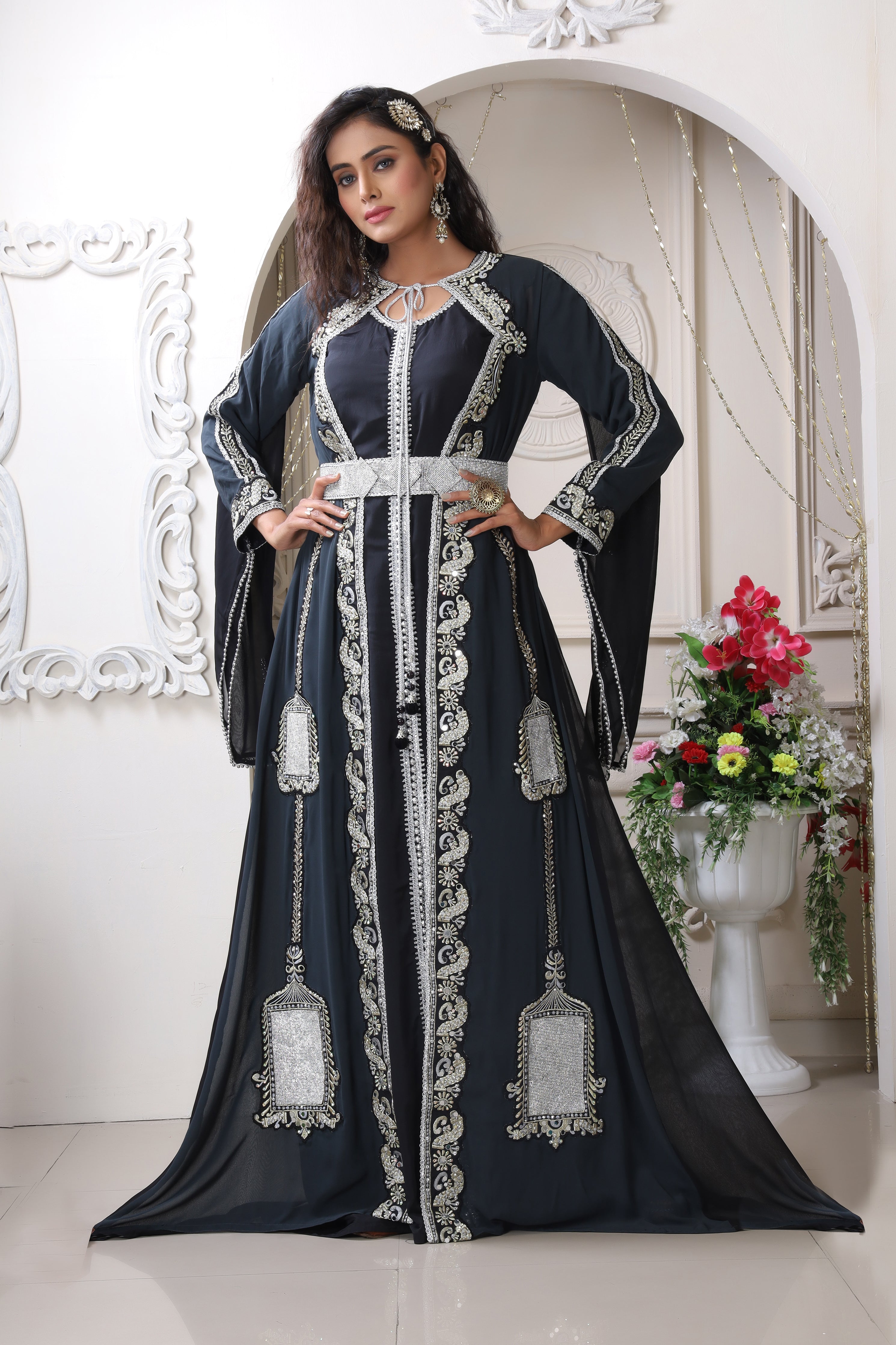 Dark Grey and Black Designer Embroidery Moroccan Dress Islamic Takchita ...