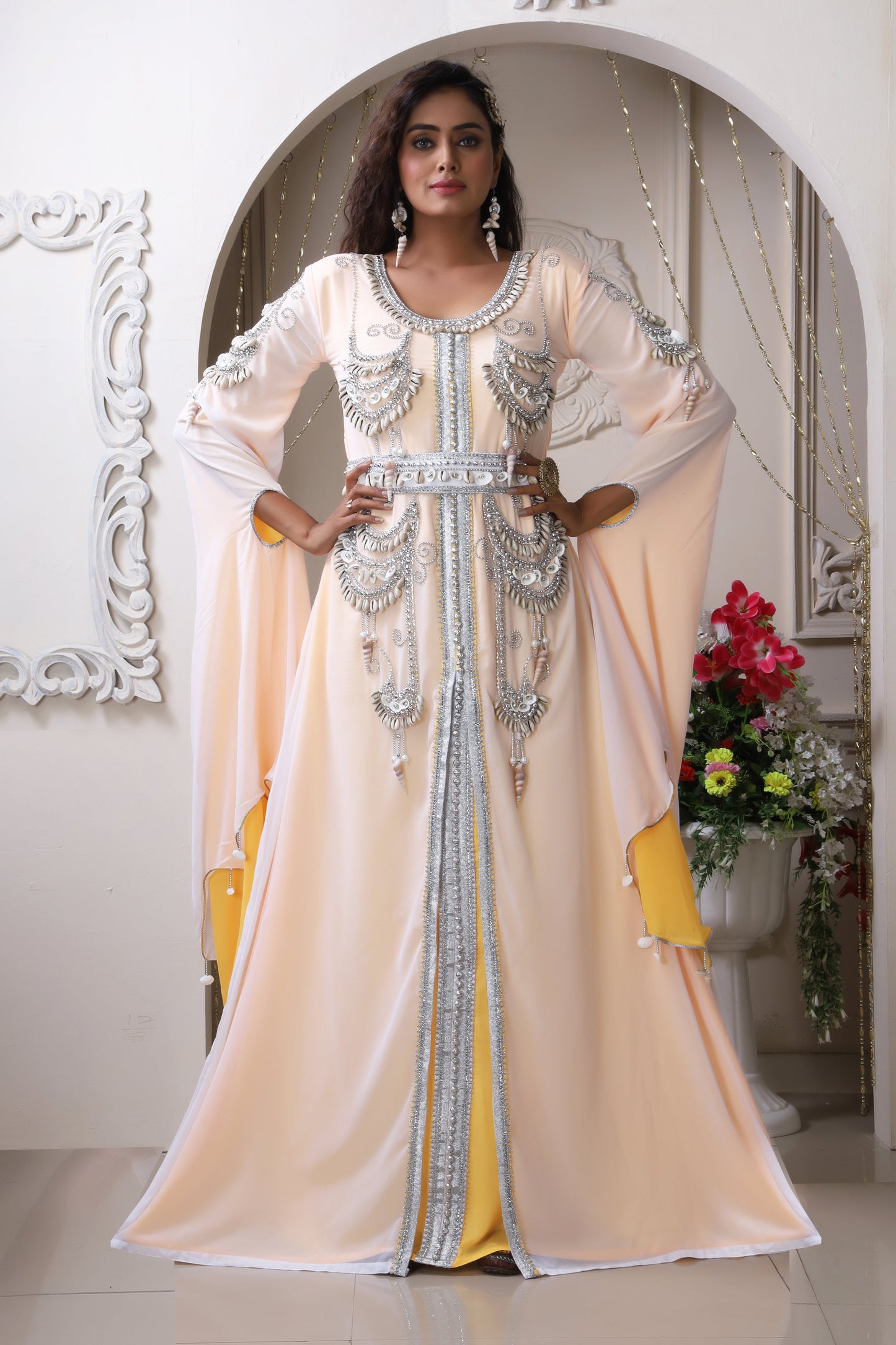 White and Yellow Wedding Maxi Hand Beaded Caftan