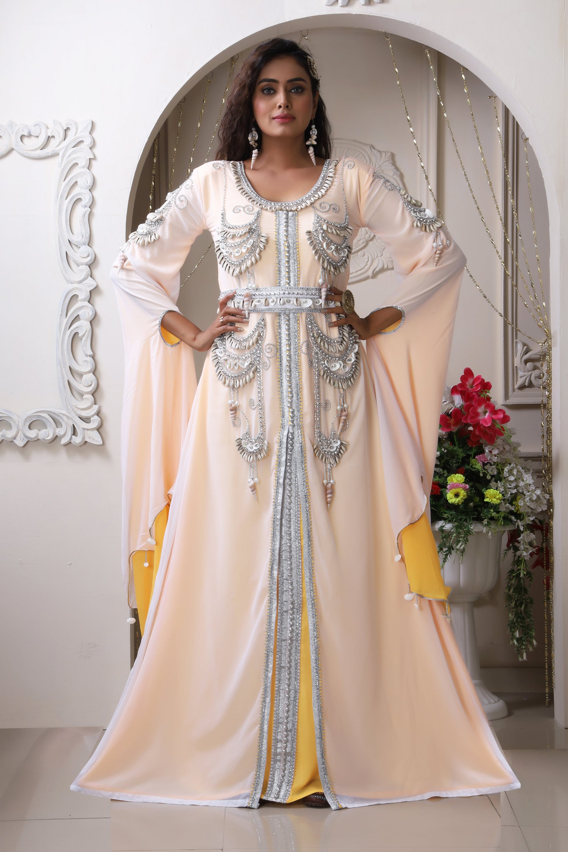 White and Yellow Wedding Maxi Hand Beaded Caftan