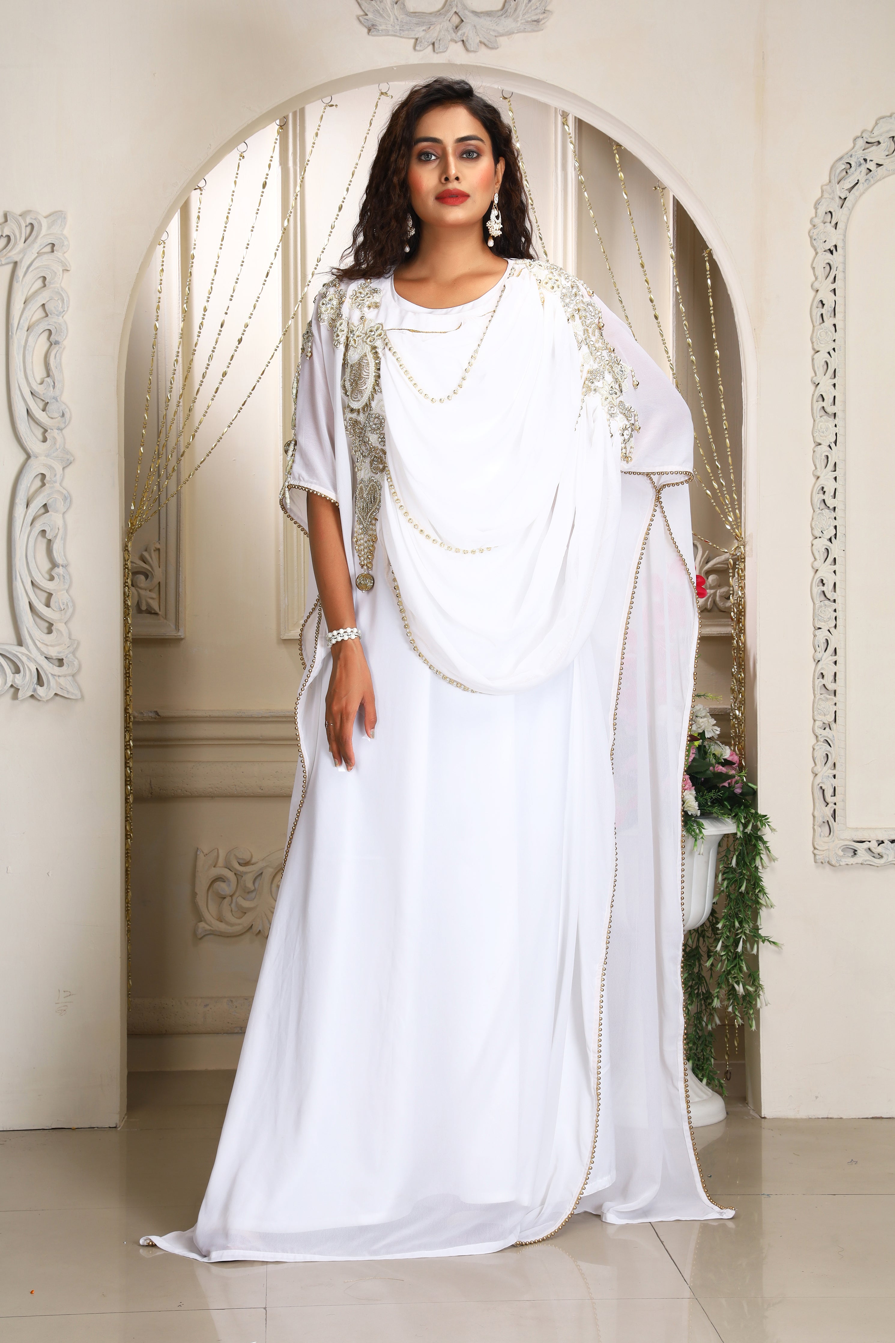 White and Gold Designer Israeli Wedding Islamic Free Size Hand Beaded ...