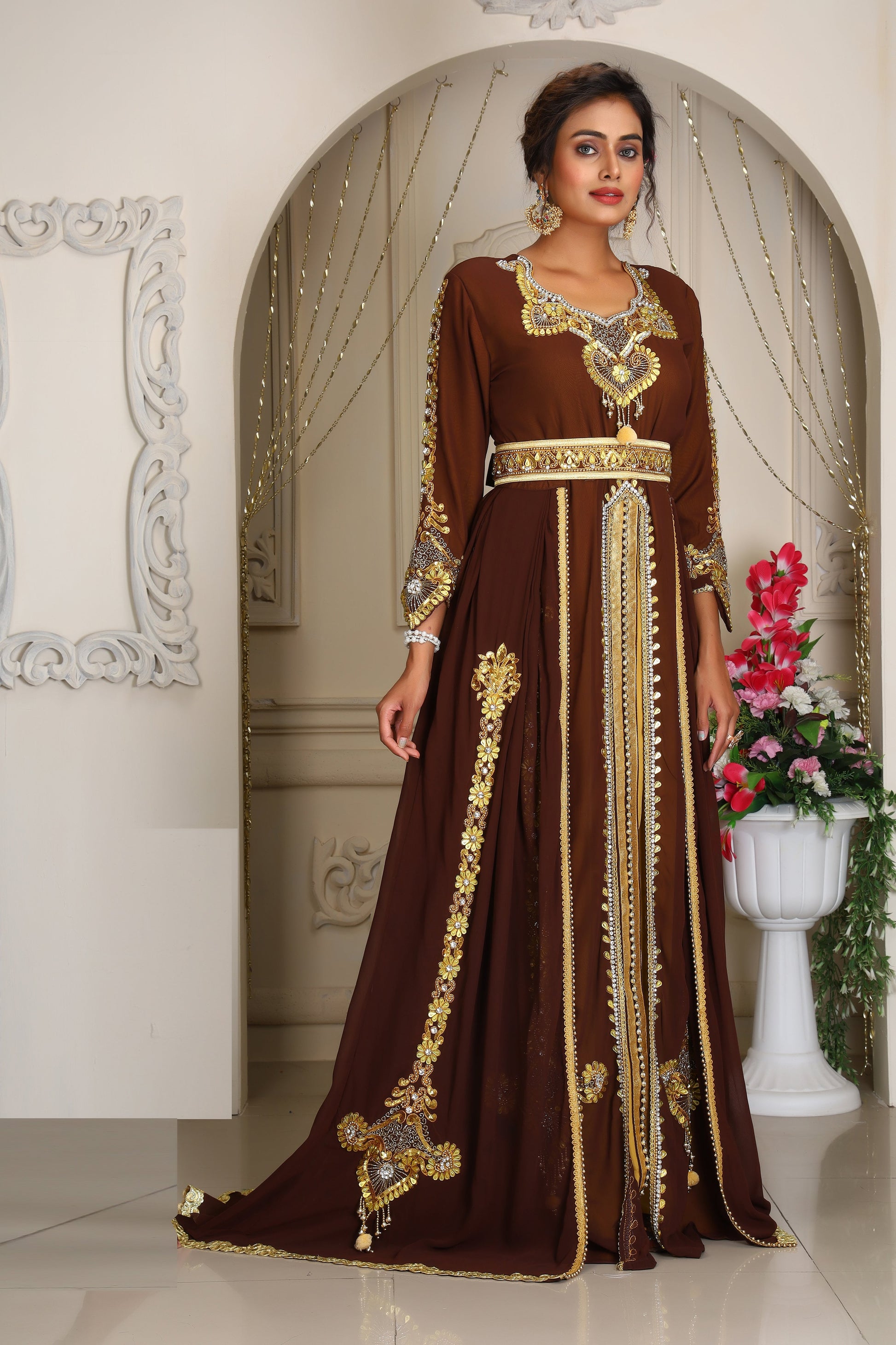 Brown and Gold Arabic Maxi Kaftan
