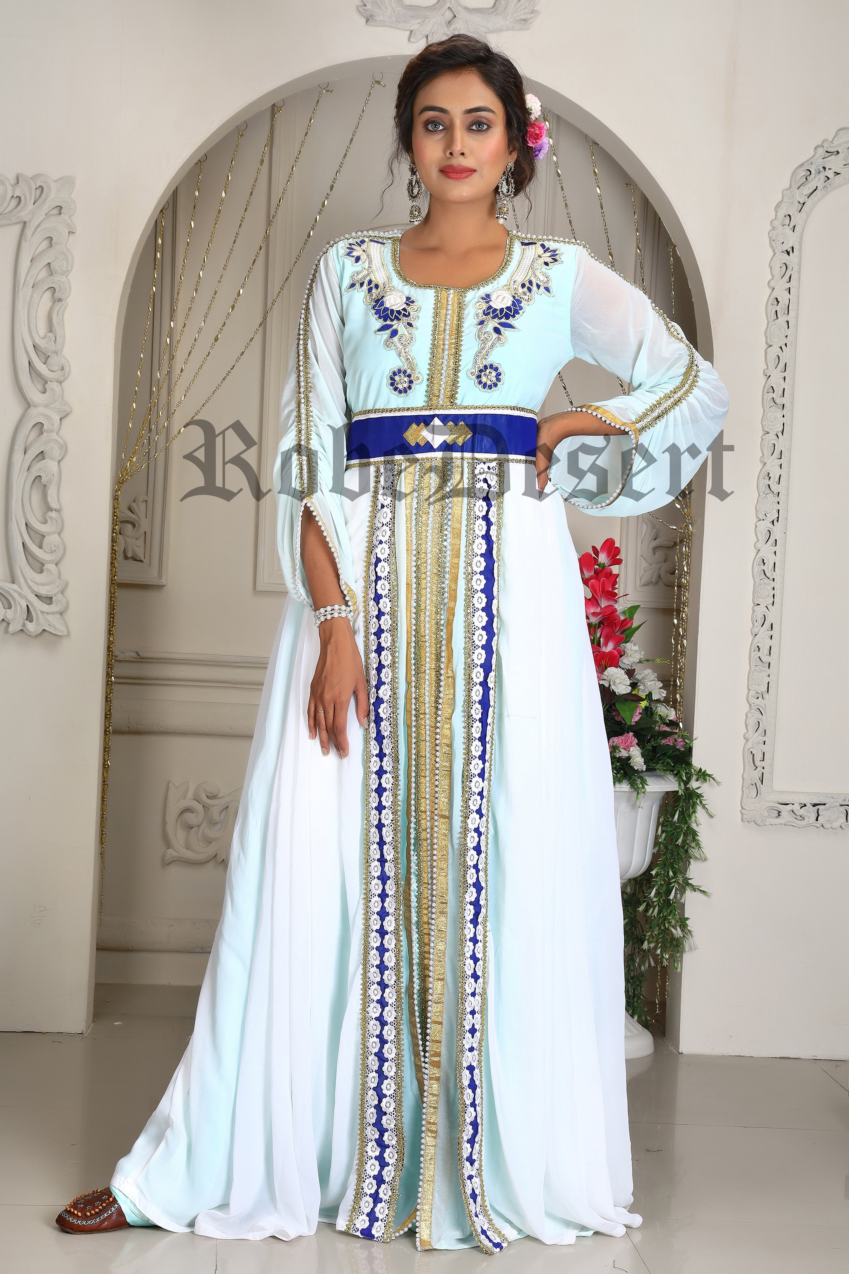 Mint Green Designer Israeli Royal Embroidered Stylish Farasha Takchita ...