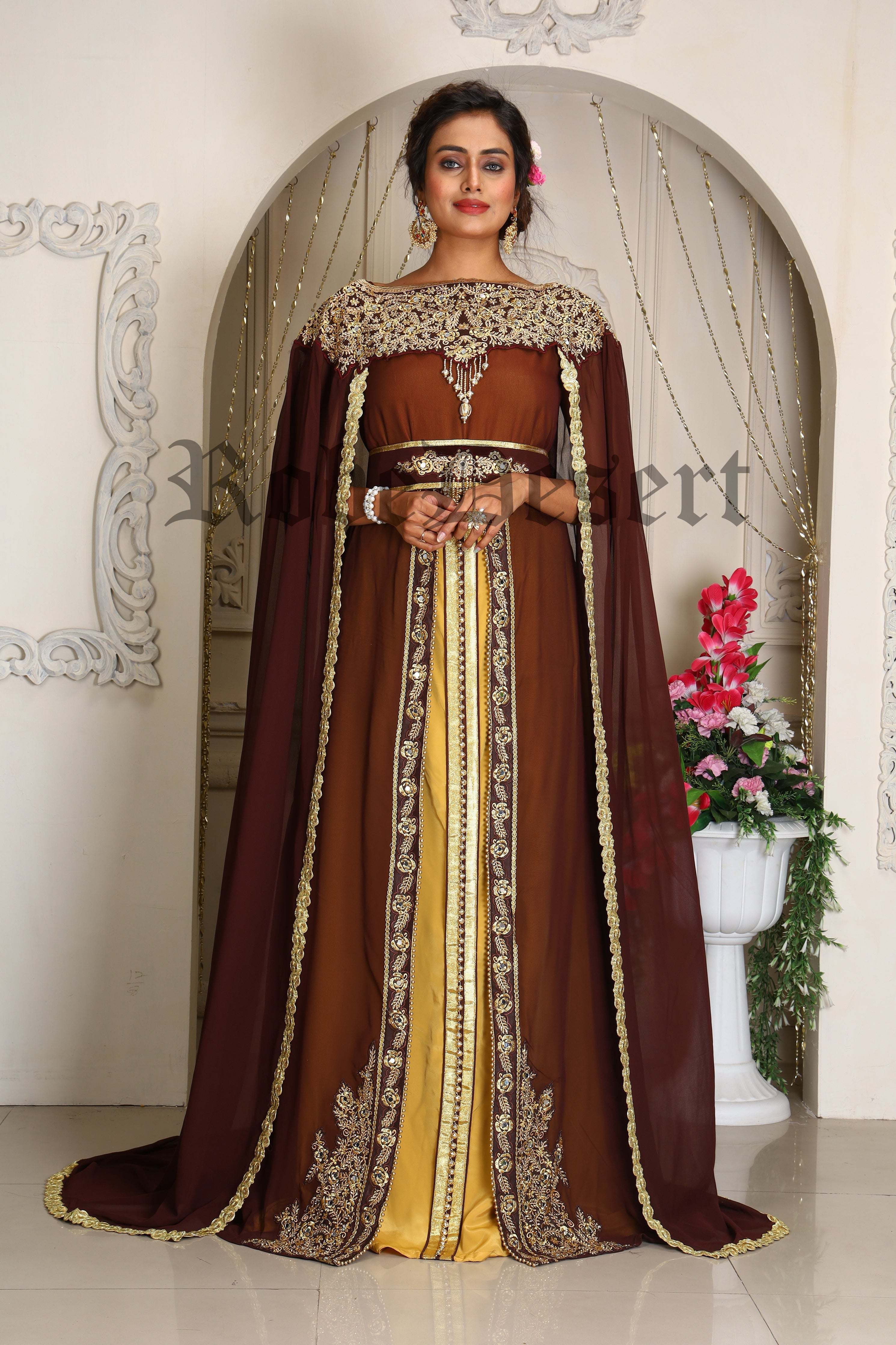 Brown and Gold Embroidery Israeli Dress/ Menorah Israeli design kaftan ...