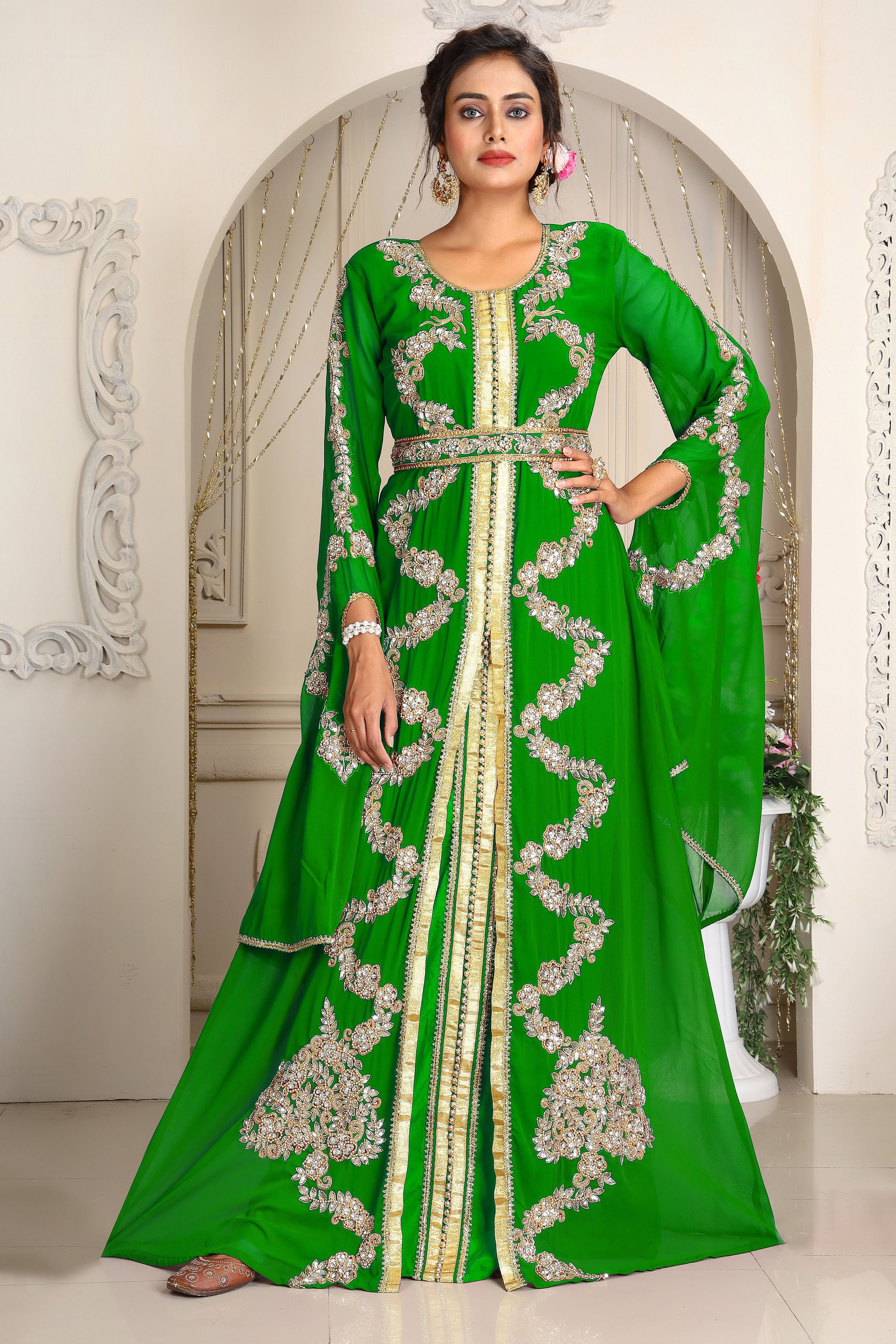 Israeli Bath Robe Parrot Green Designer Islamic Wedding Moroccan Caftan Arabic Maxi Hand ...