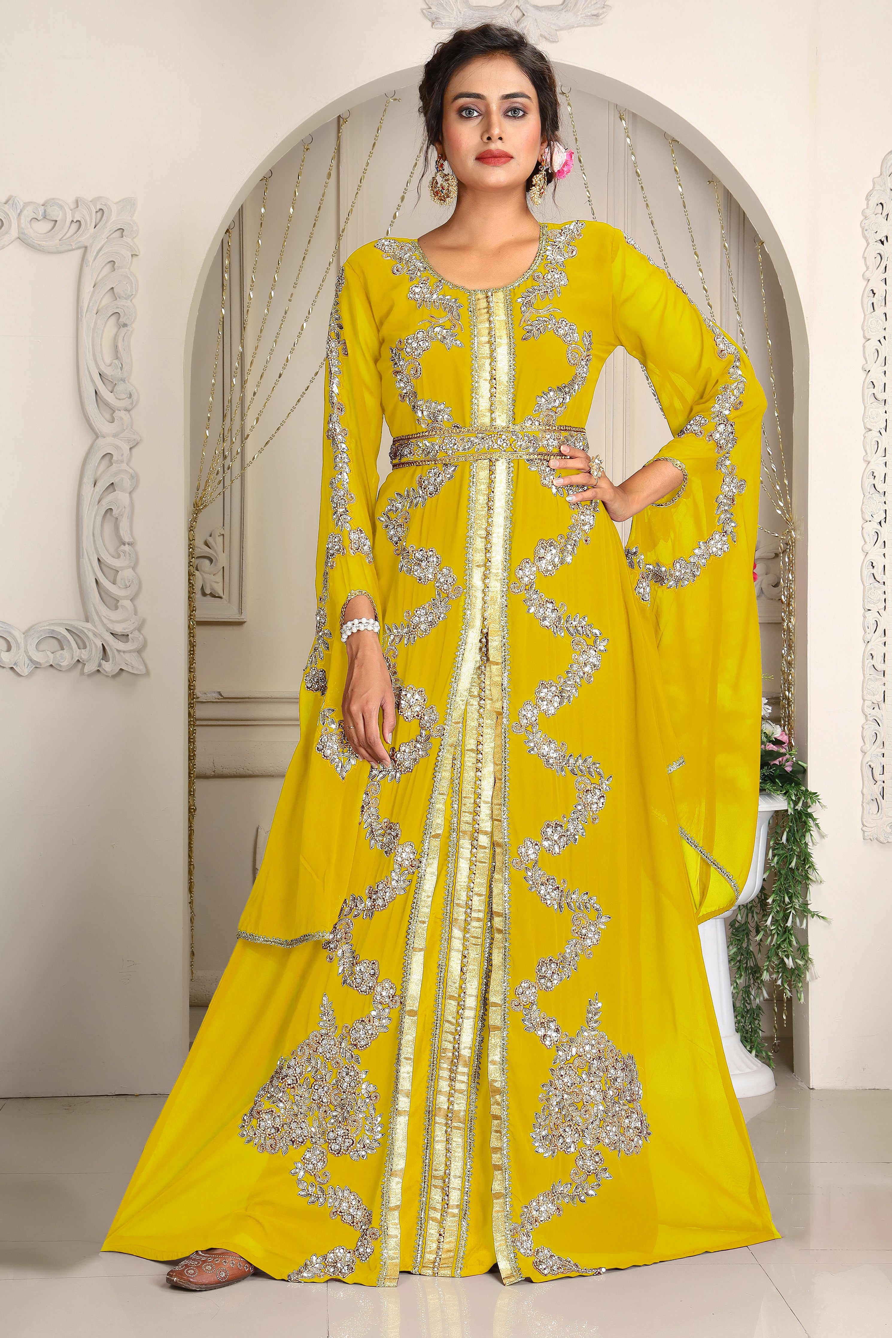 Israeli Bath Robe Yellow Designer Islamic Wedding Moroccan Caftan Arabic Maxi Hand Beaded ...