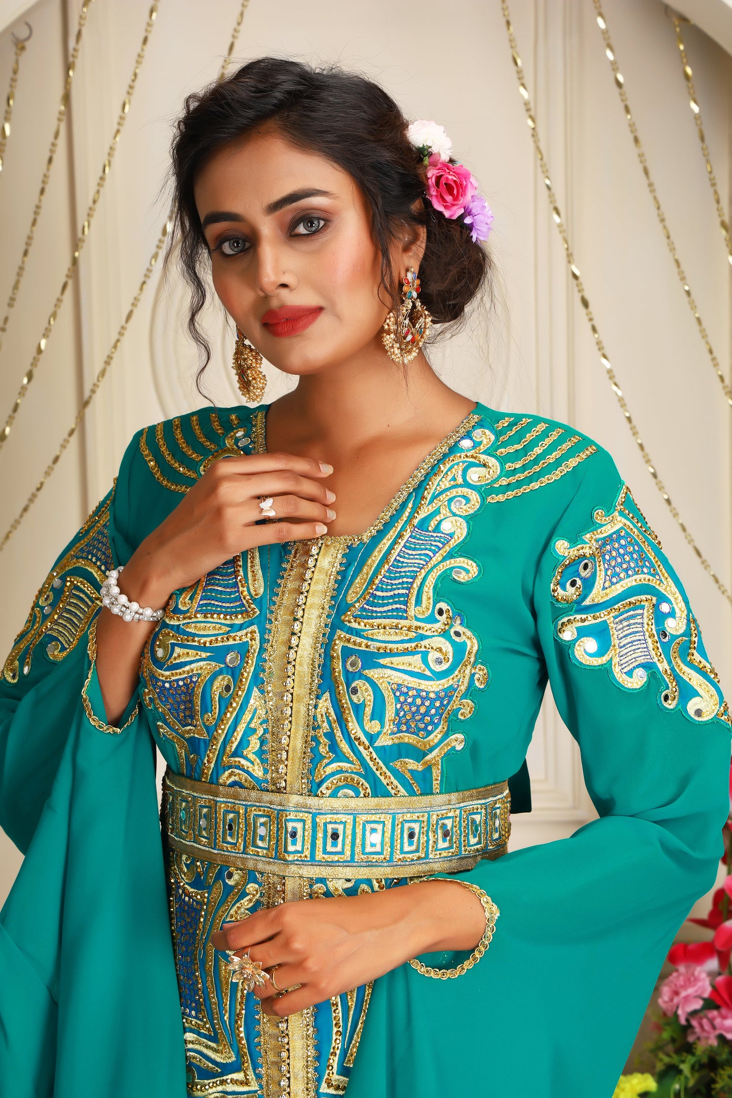 Sea Green Arabic Moroccan Embroidery Kaftan