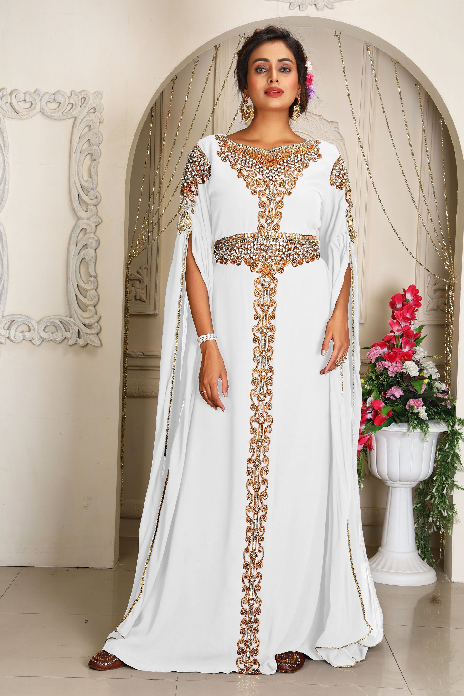 Israeli Bath Robe White Designer Islamic Wedding Moroccan Caftan Arabic Maxi Hand Beaded ...