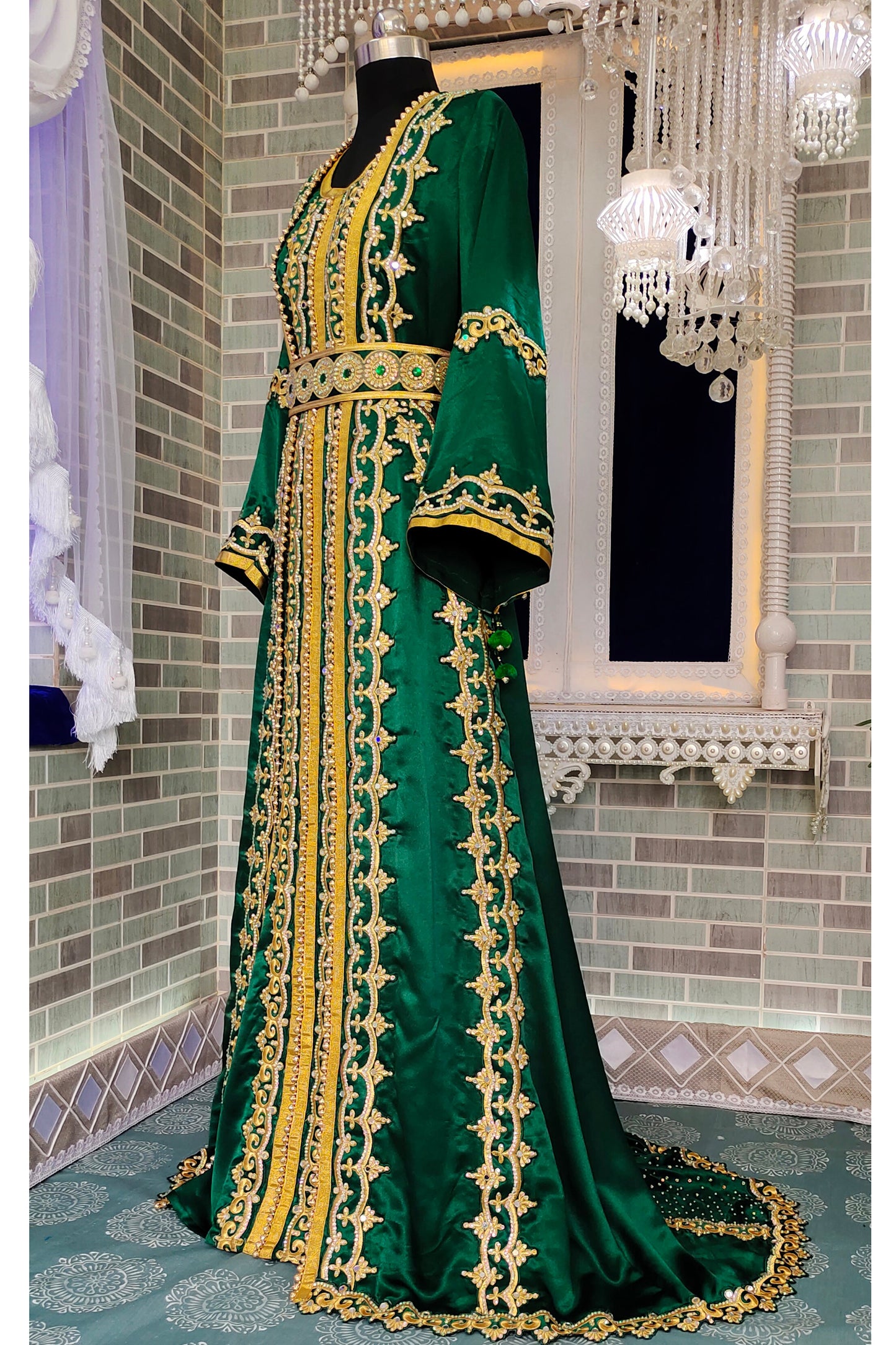 Dark Green Israeli Floor Length Kaftan