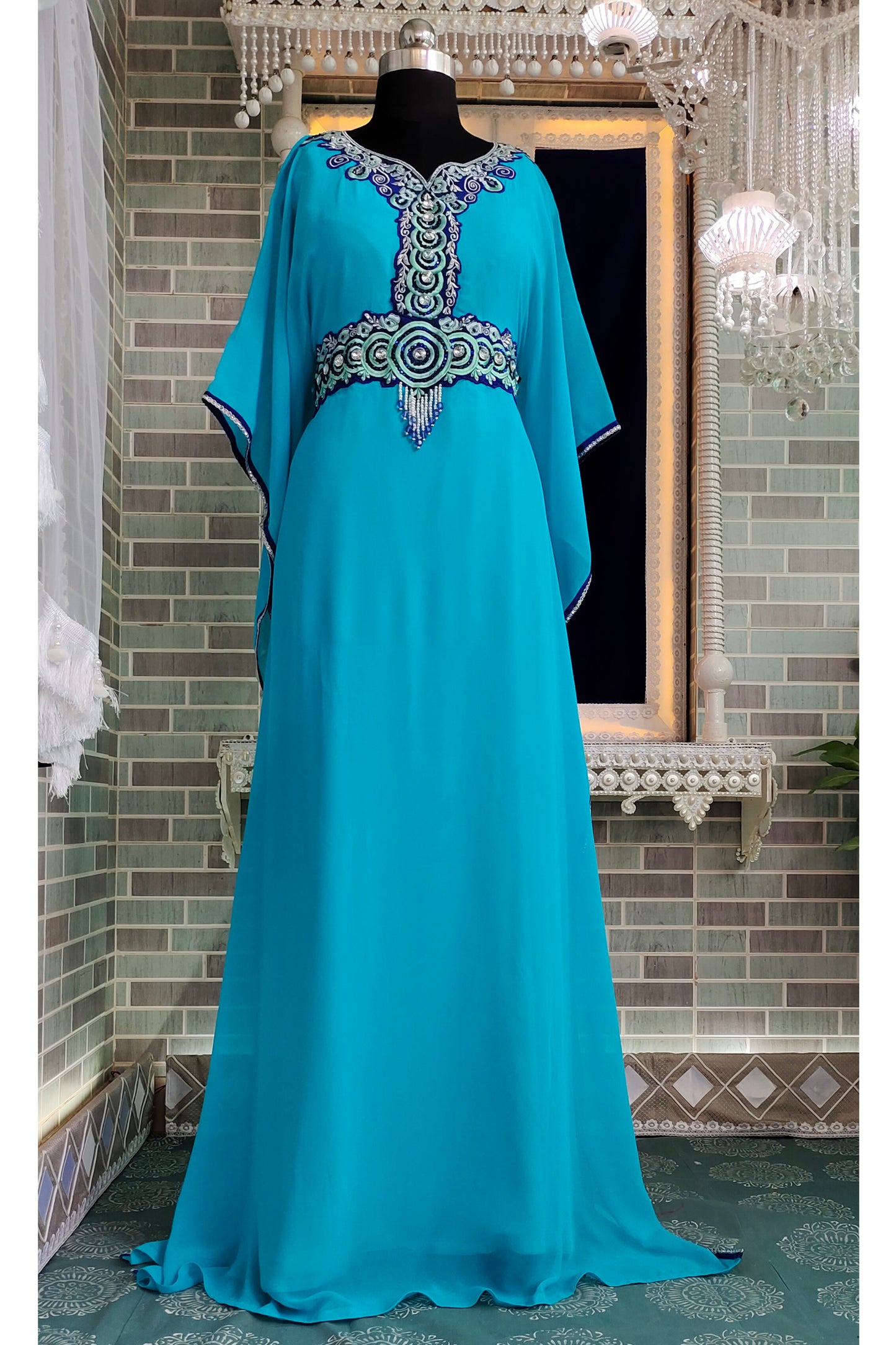 Firozi Color Islamic Embroidery Kaftan