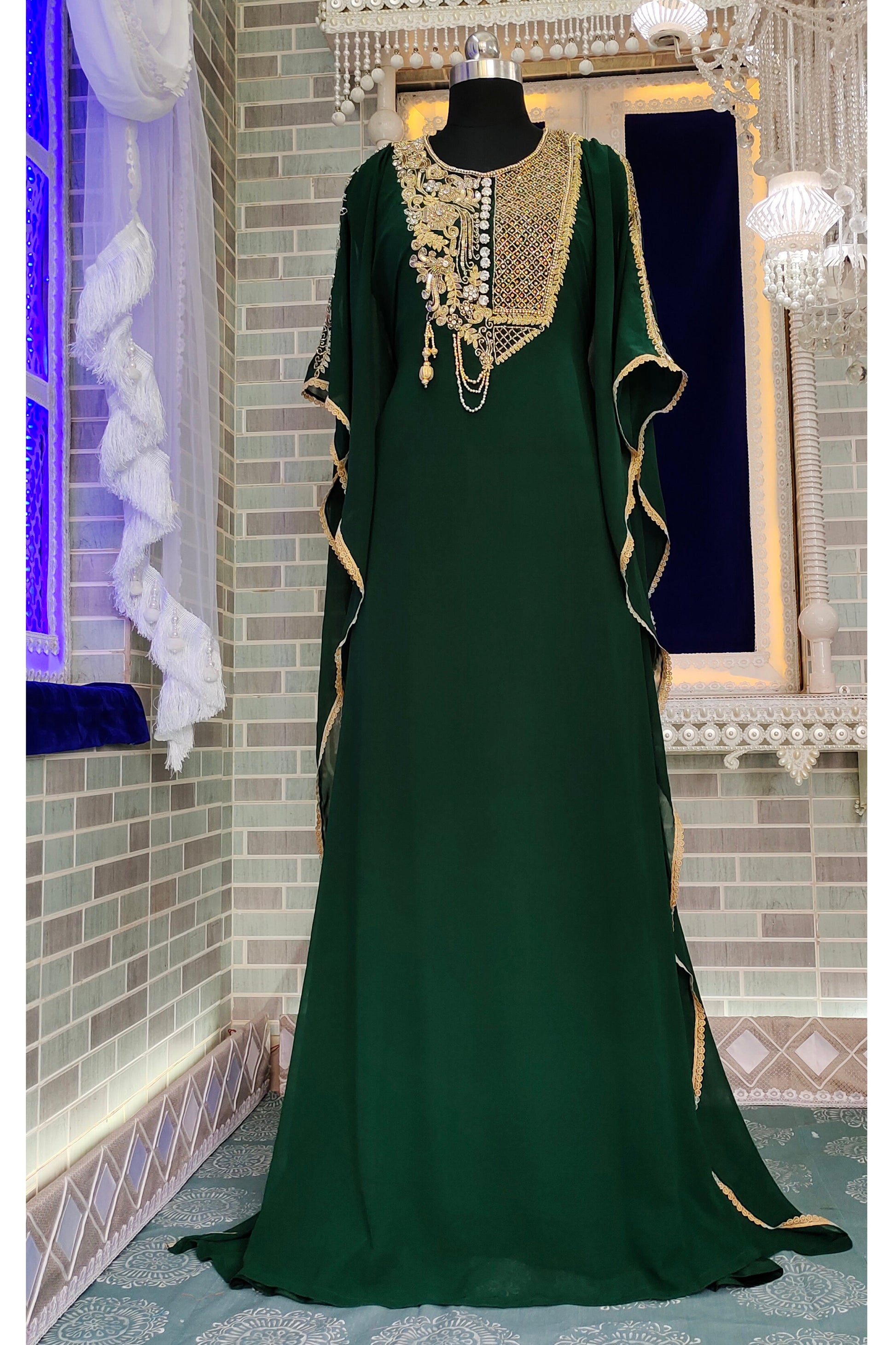 Dark Green Designer Islamic Maxi Hand Beaded Farasha Floor Length Party Wear Arabic Wedding Kaftan For Women RobeDesert Dark Green Designer Islamic Maxi Hand Beaded Farasha Floor Length Party Wear Arabic Wedding Kaftan For Women RobeDesert