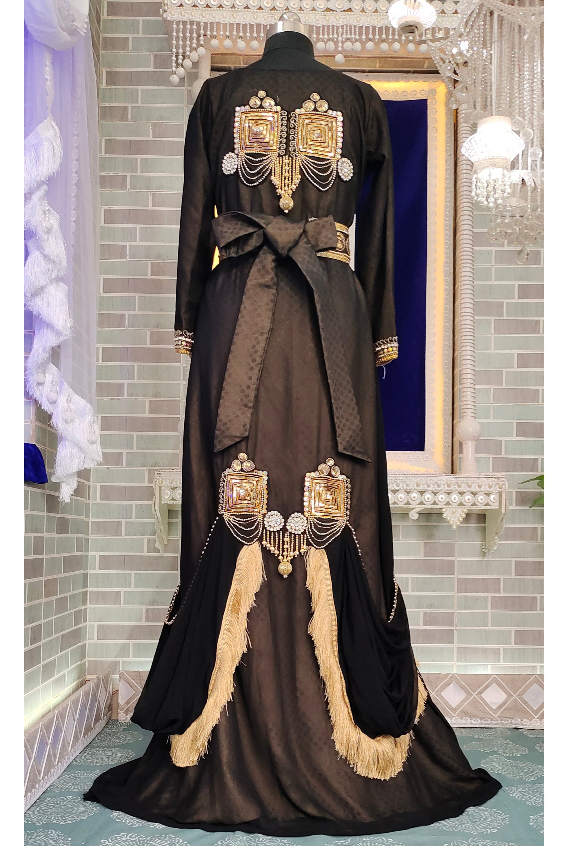 Black And Beige Islamic Wedding Designer Arabic Maxi Hand Beaded Dubai Ladies Long Sleeve Moroccan Arabic Party Wear Kaftan – RobeDesert