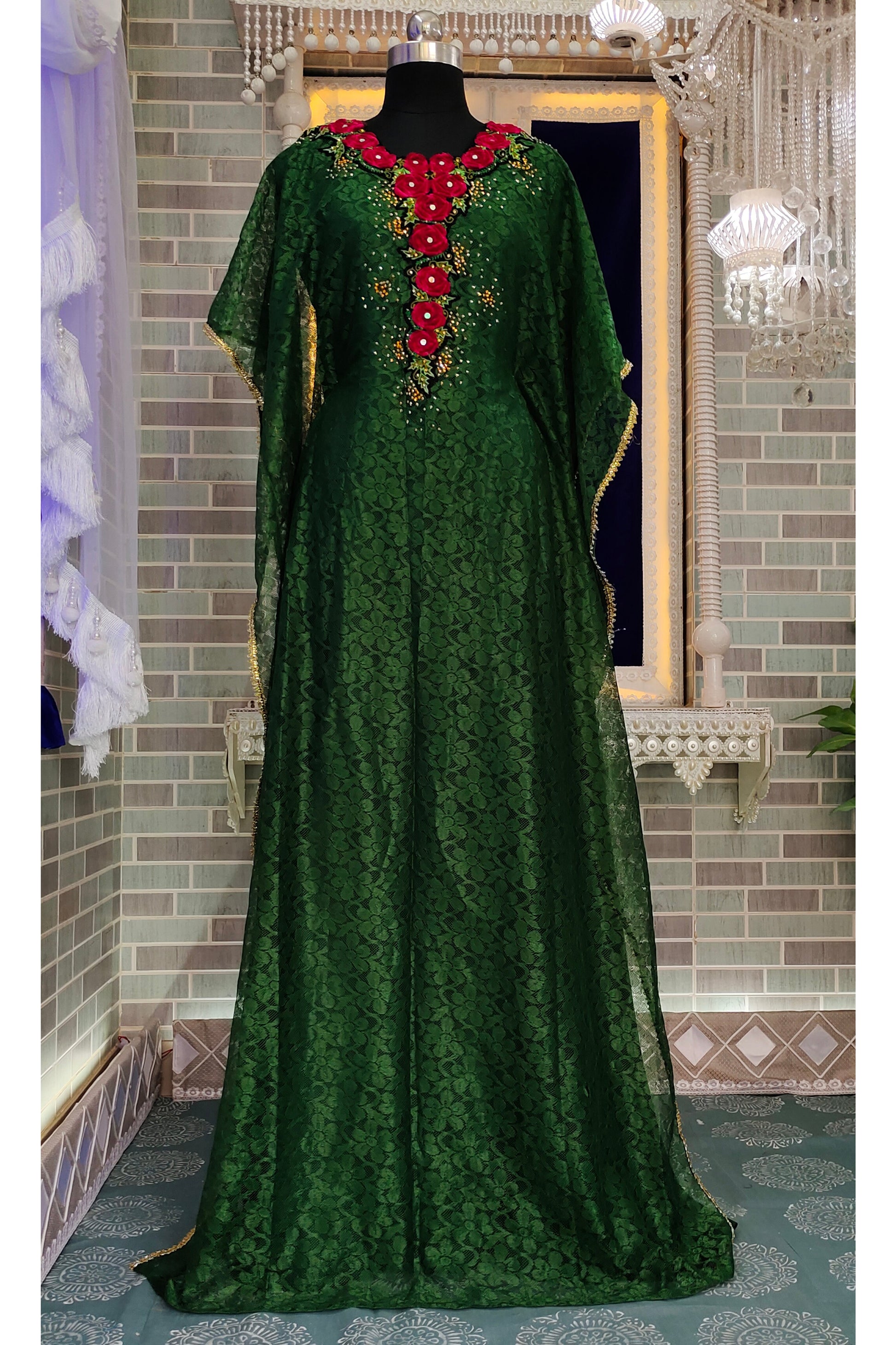Dark Green Designer Islamic Fancy Arabic Womens Takchita Hand Beaded African Kaftan Dubai Wedding Takchita Embroidery Caftan Dress Dark Green Designer Islamic Fancy Arabic Womens Takchita Hand Beaded African Kaftan Dubai Wedding Takchita Embroidery Caftan Dress