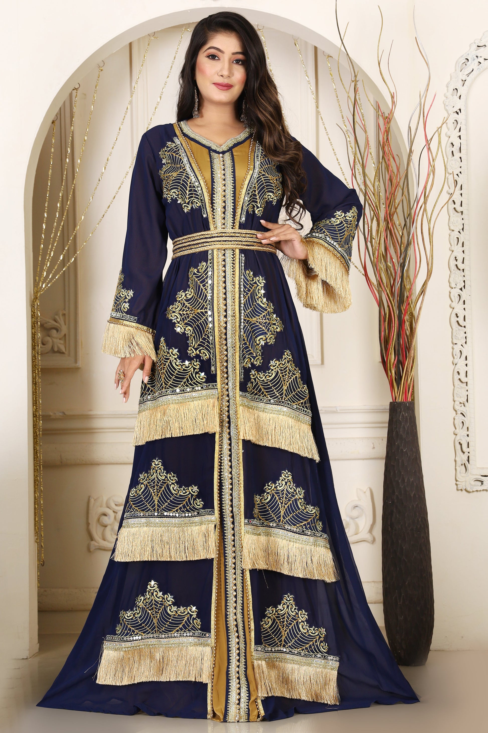 Dark Blue Israeli Designer Moroccan Kaftan / Arabic Takchita Maxi Dress / Islamic Embroidery Party Wear Wedding Kaftan