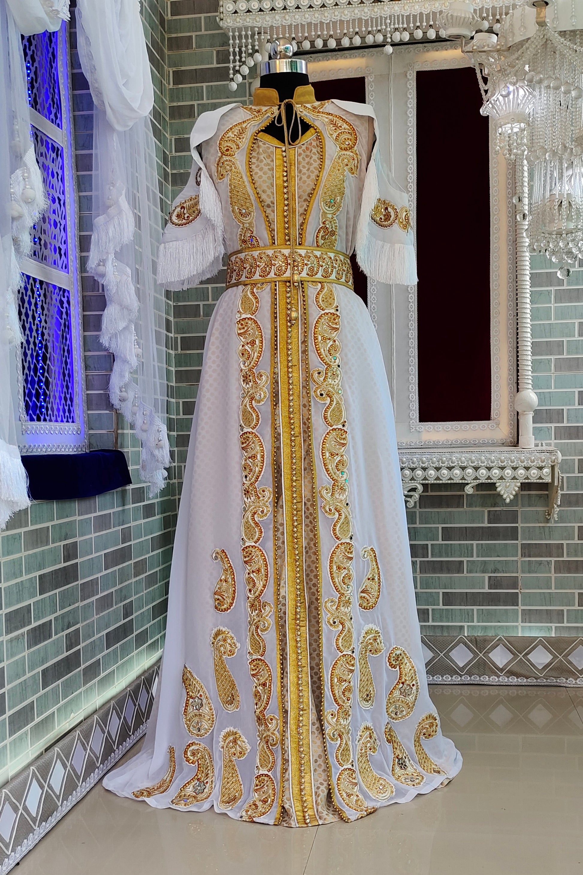 White Unique Designer Moroccan Kaftan Arabic Takchita Maxi Dress