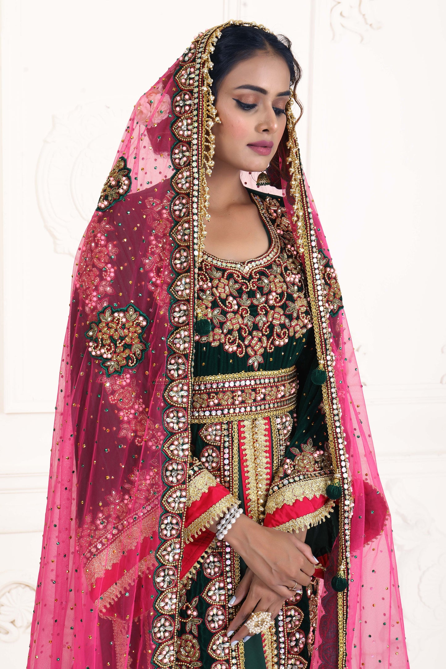 Dark Green Party Wear Wedding Kaftan With Vail