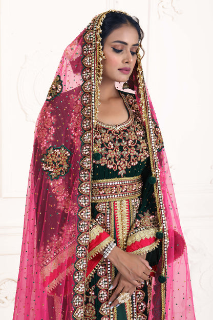 Dark Green Party Wear Wedding Kaftan With Vail