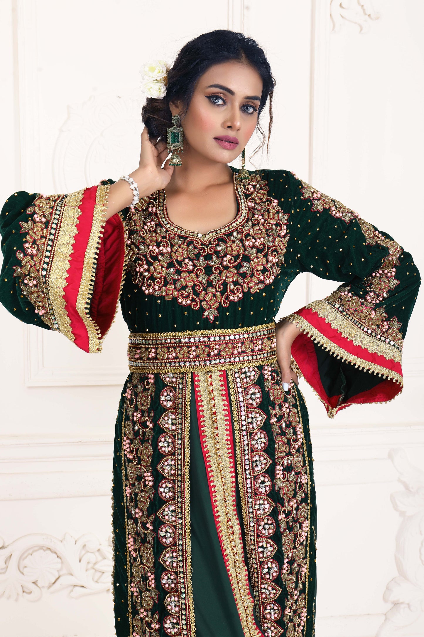 Dark Green Party Wear Wedding Kaftan With Vail