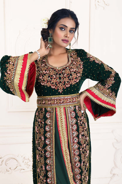 Dark Green Party Wear Wedding Kaftan With Vail