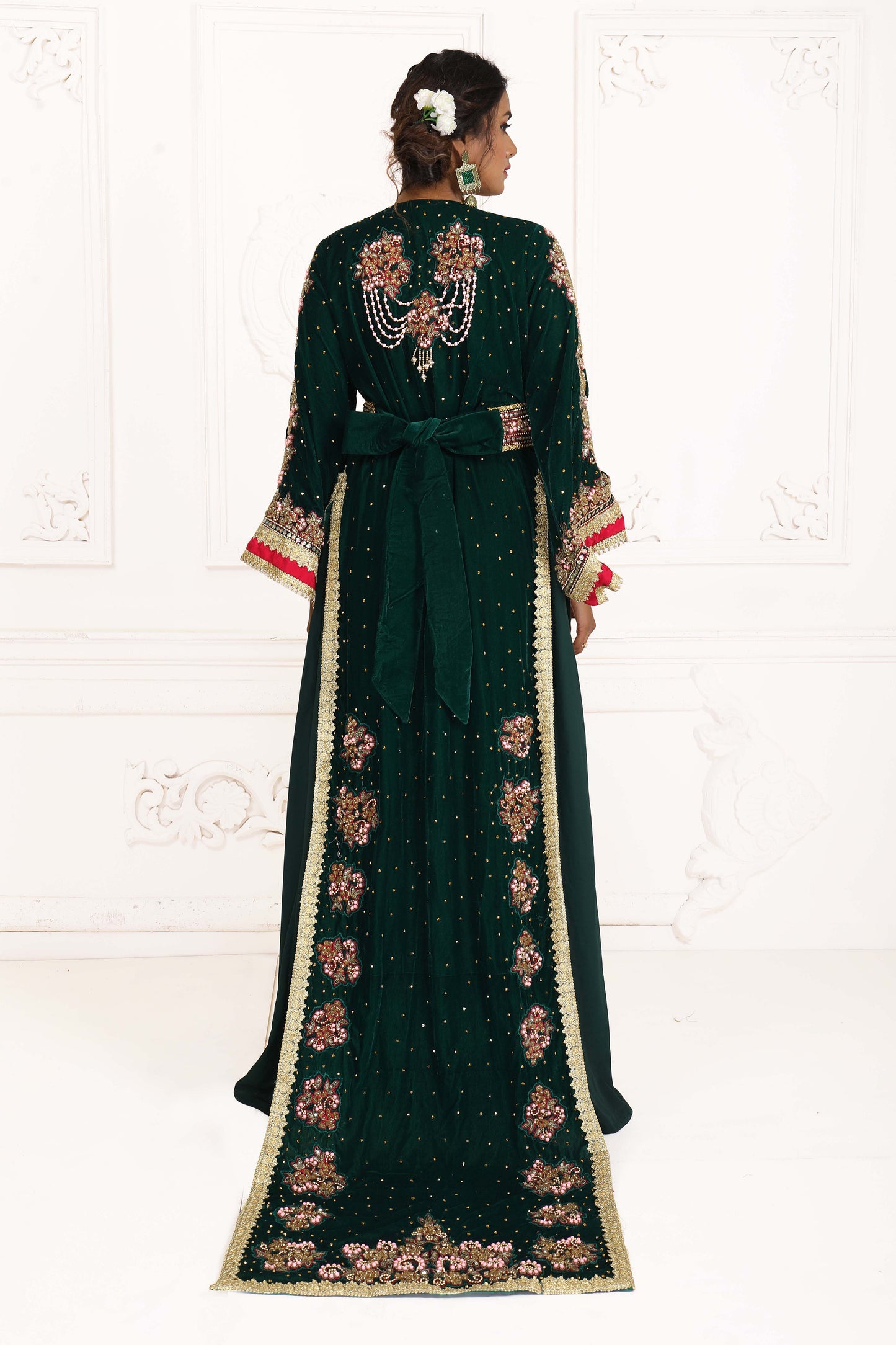 Dark Green Party Wear Wedding Kaftan With Vail