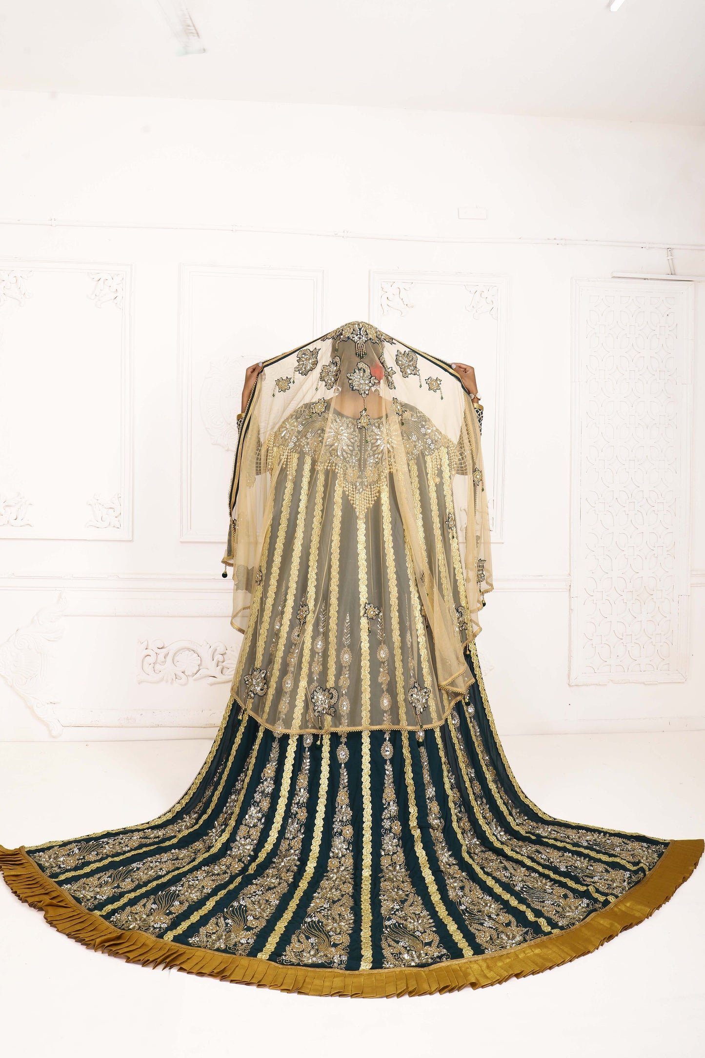 Bottle Green Moroccan Wedding Caftan With Train