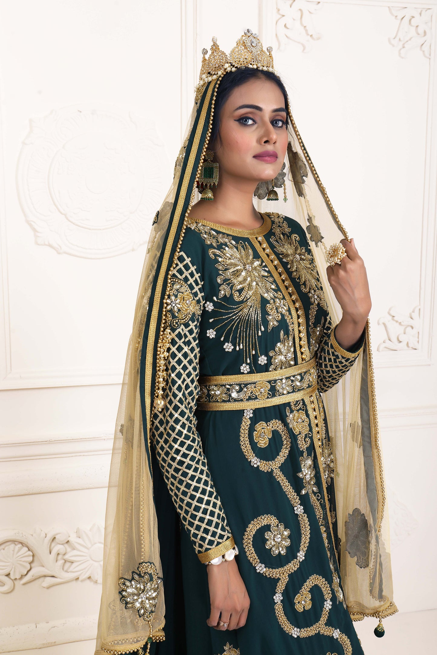 Bottle Green Moroccan Wedding Caftan With Train