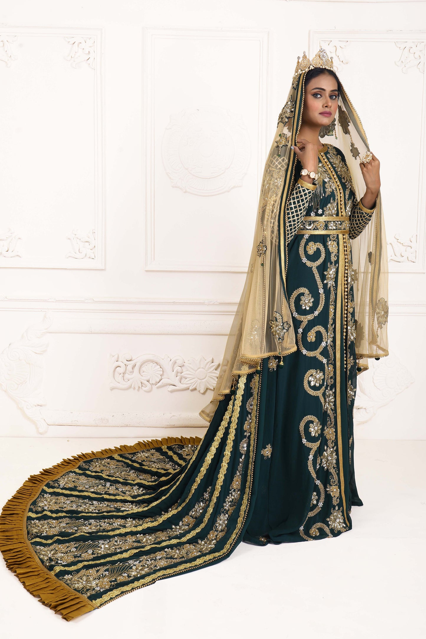 Bottle Green Moroccan Wedding Caftan With Train