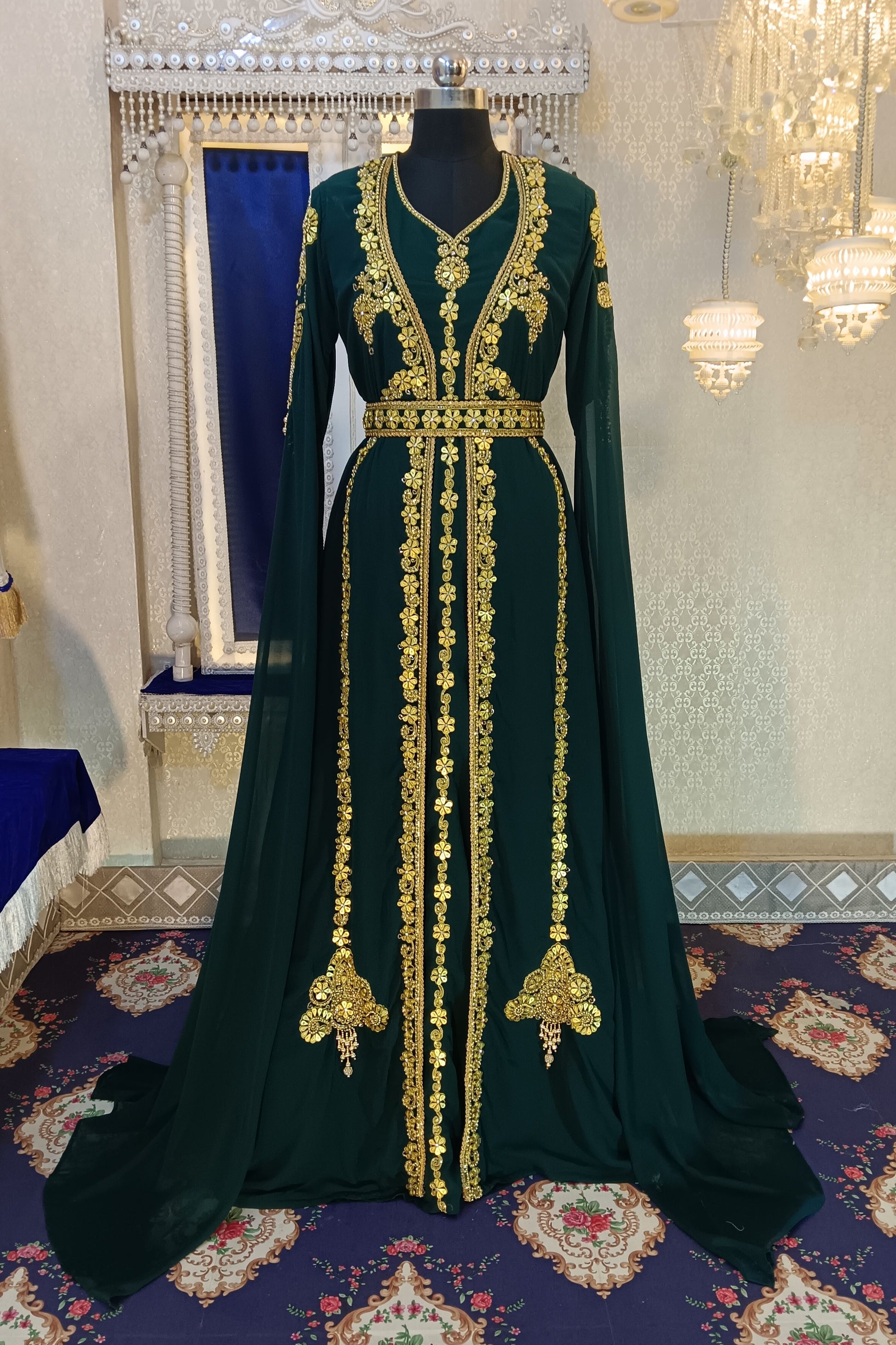 Bottle Green Wedding Designer Arabic Maxi Hand Beaded Dubai Ladies Long Sleeve Moroccan Caftan, Arabic PartyWear Kaftan