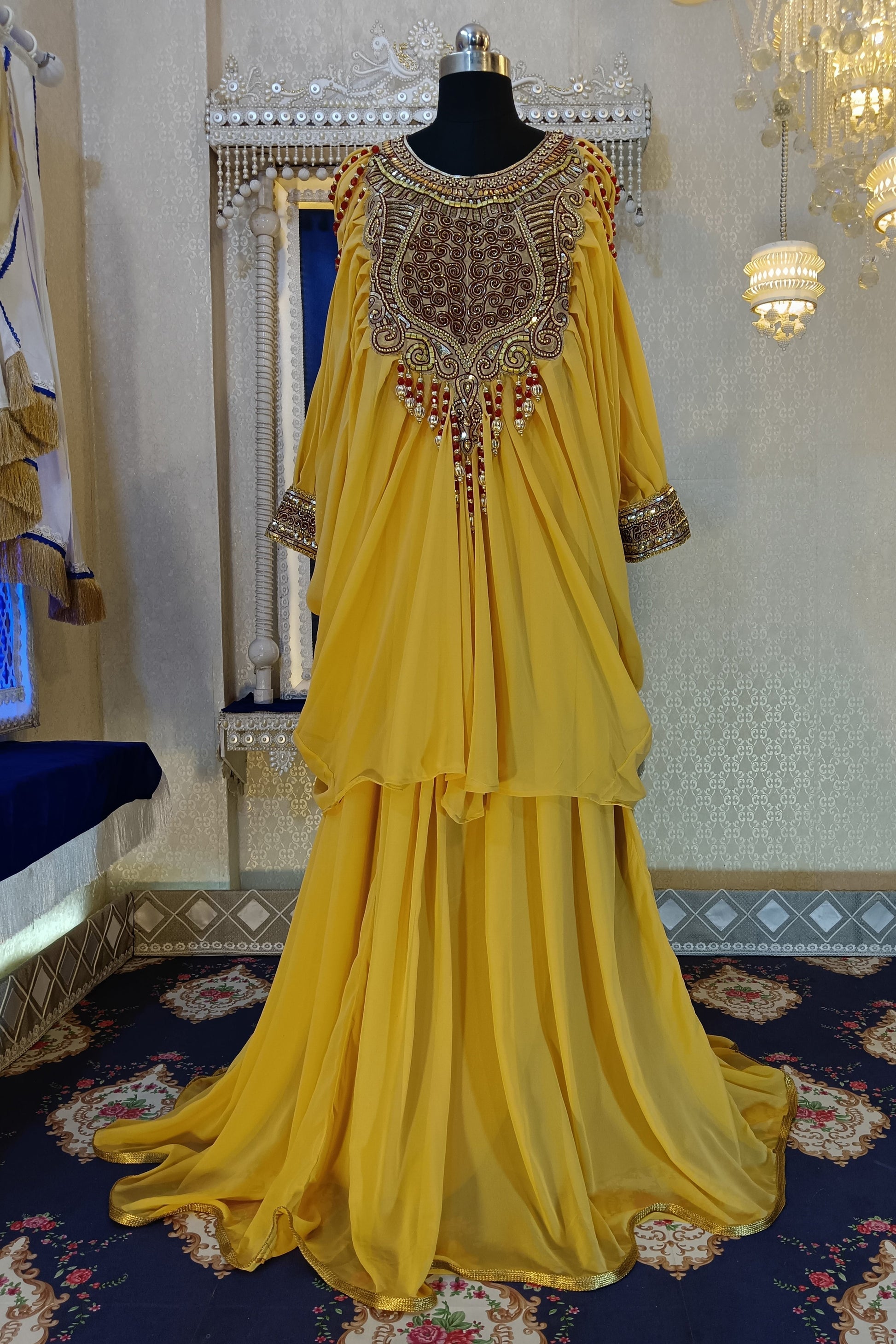 Golden Yellow Designer Islamic Moroccan Caftan Fancy Maxi Dubai Farasha Wedding Kaftan Gown Arabian Takchita Caftan For Women Dress RobeDesert Golden Yellow Designer Islamic Moroccan Caftan Fancy Maxi Dubai Farasha Wedding Kaftan Gown Arabian Takchita Caftan For Women Dress RobeDesert
