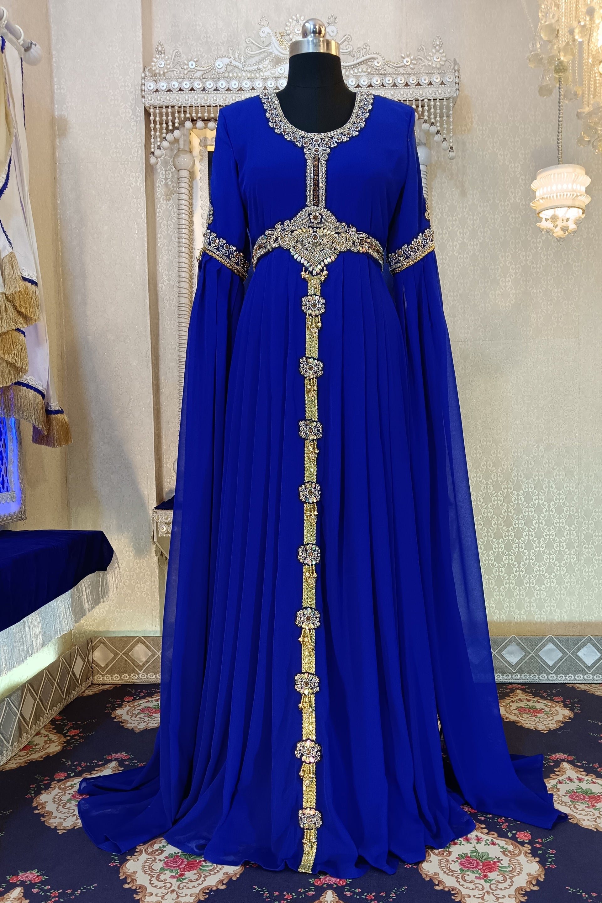 Royal Blue Designer Islamic Wedding Kaftan, Arabic Maxi Hand Beaded Dubai Ladies Long Sleeve Moroccan Kaftan, Party Wear Takchita Kaftan