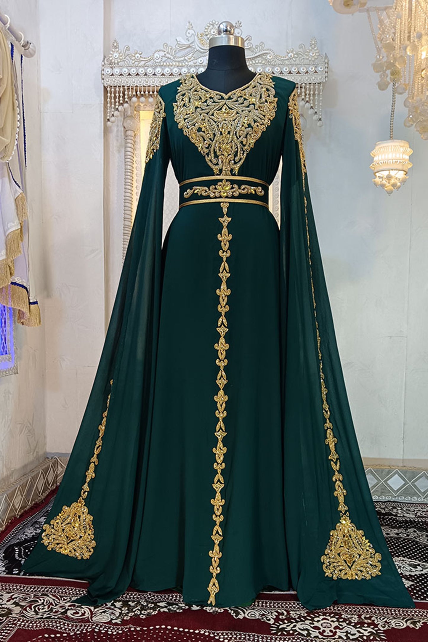 Bottle Green Designer Wedding Moroccan Kaftan