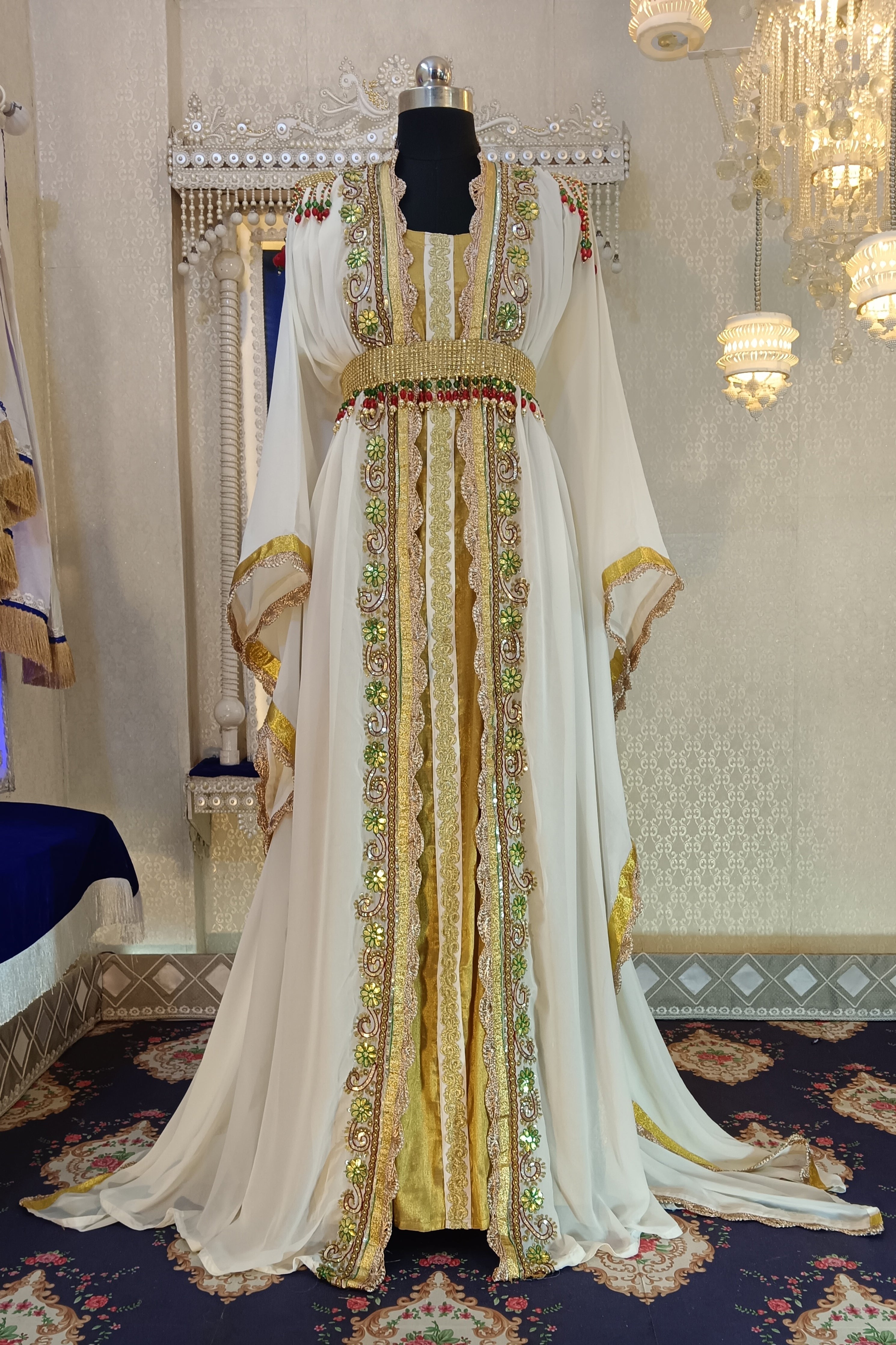 Off White and Gold Designer Islamic Moroccan Kaftan – RobeDesert