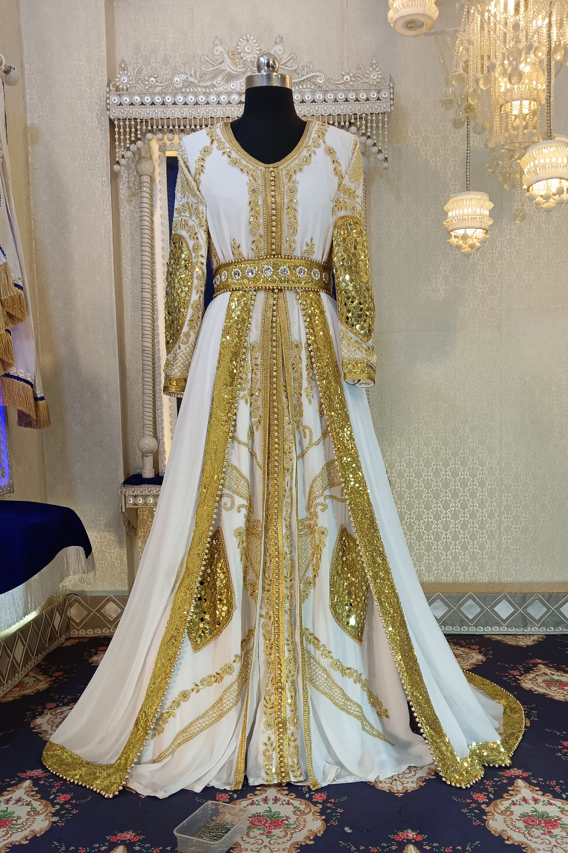 White Unique Designe Wedding Hand Beaded Moroccan Long Sleeve