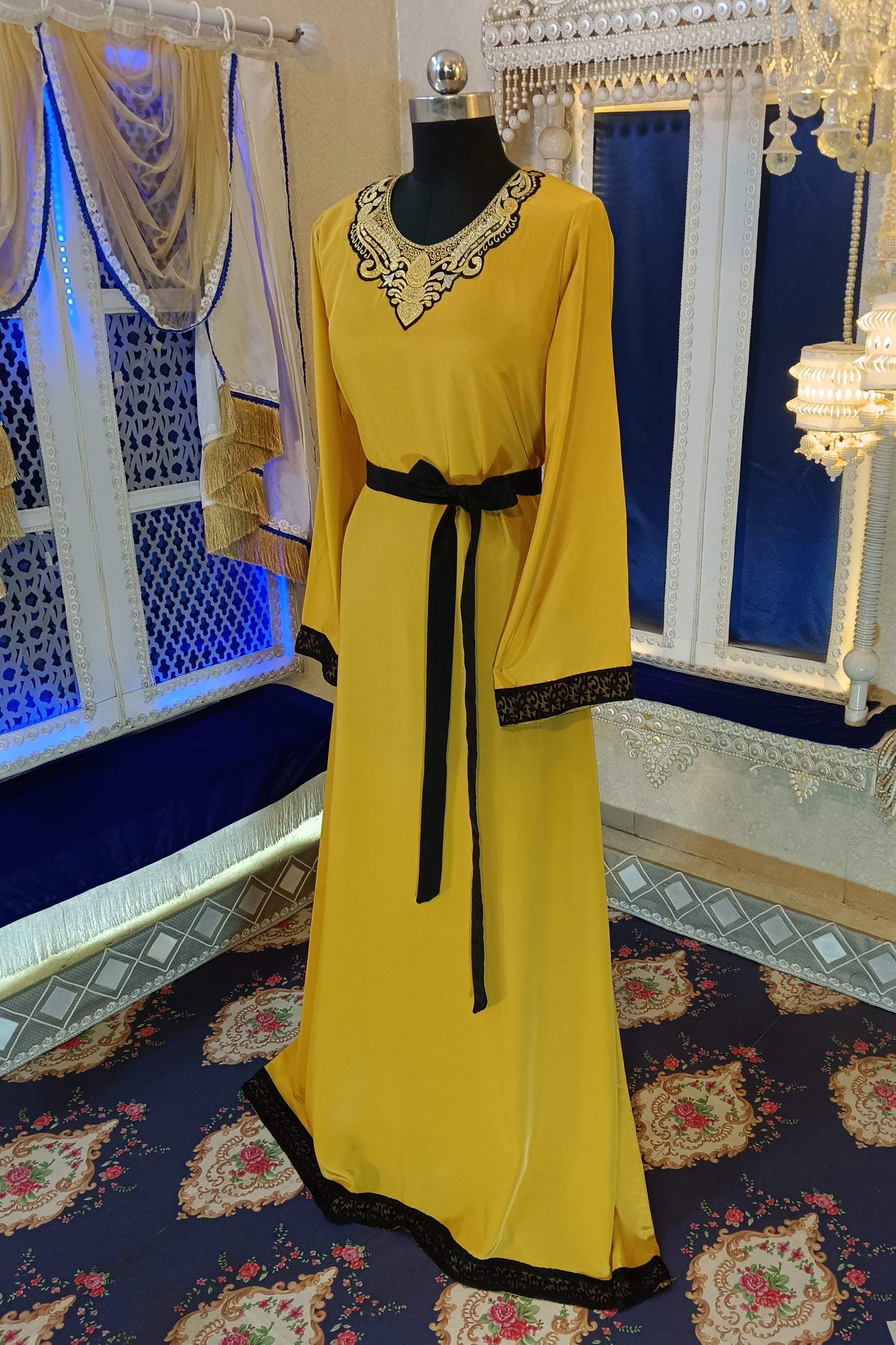 Golden Yellow Designer Embroidery Islamic Takchita Arabic Kaftan