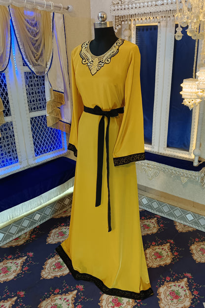 Golden Yellow Designer Embroidery Islamic Takchita Arabic Kaftan