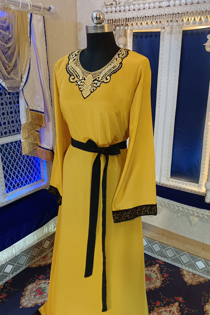 Golden Yellow Designer Embroidery Islamic Takchita Arabic Kaftan