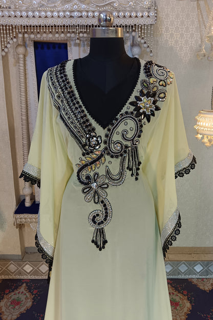 Lemon Yellow Designer Islamic Hand Beaded Long Gown Dress