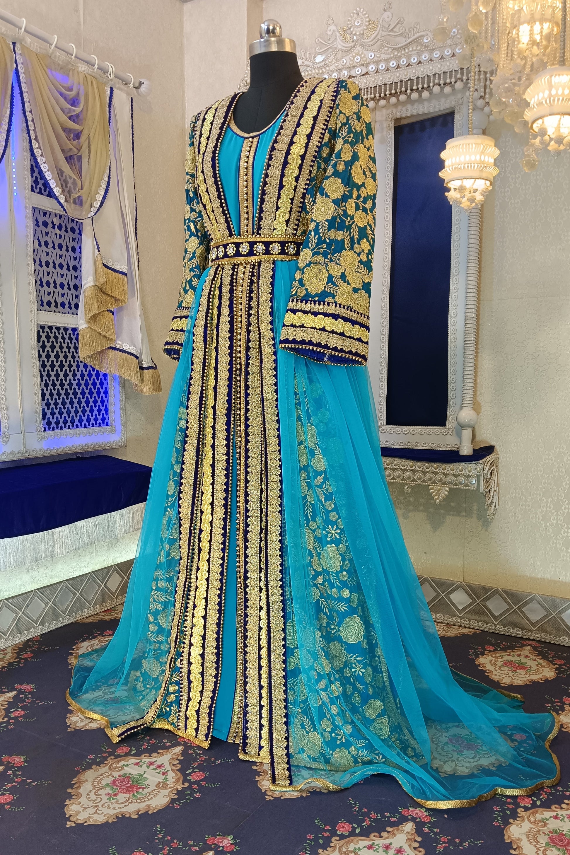 Blue and Firozi Embroidery Kaftan